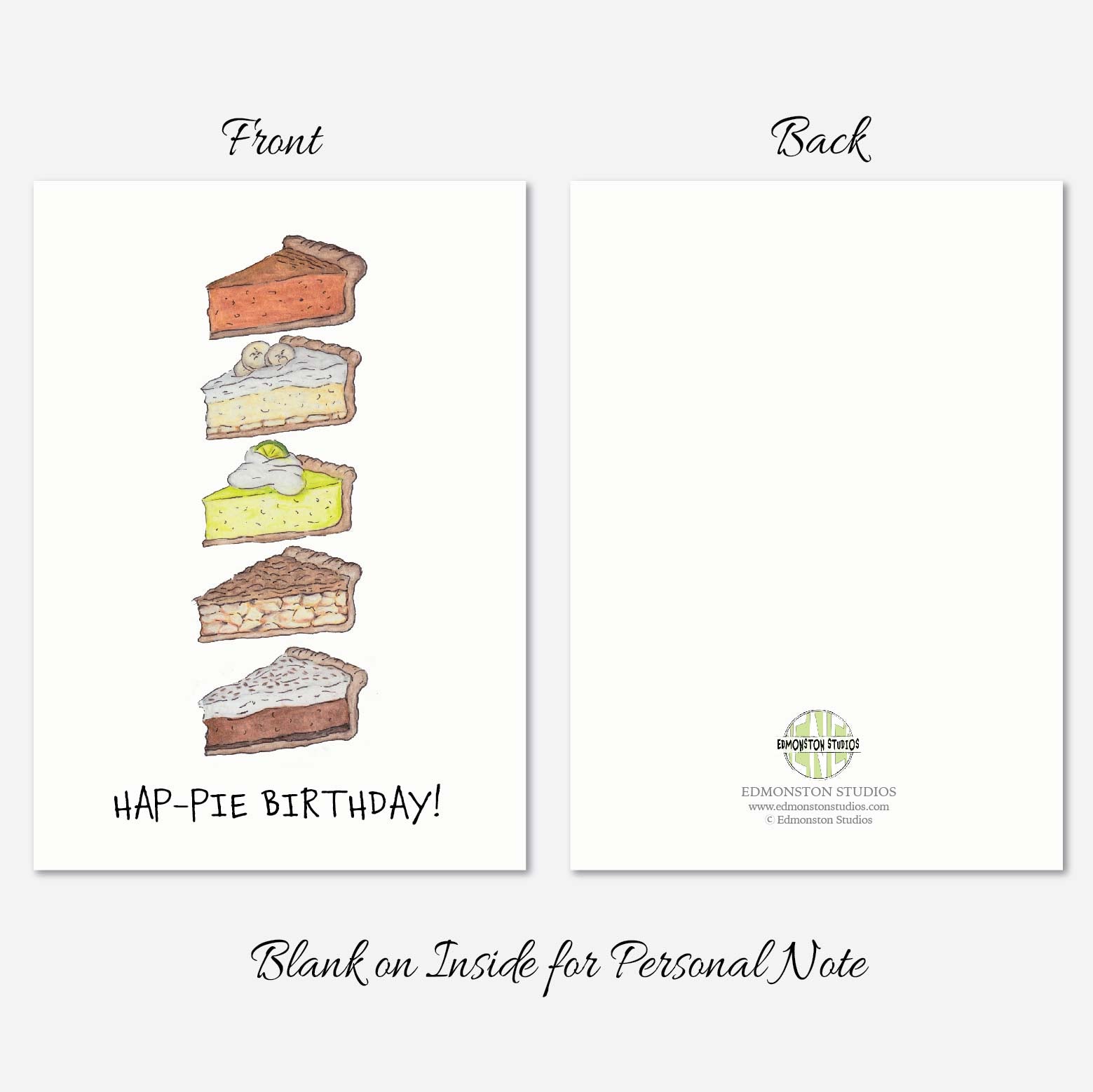 Hand illustrated pie birthday card with 4 Different Slices of Pie and Hap-Pie Birthday pun