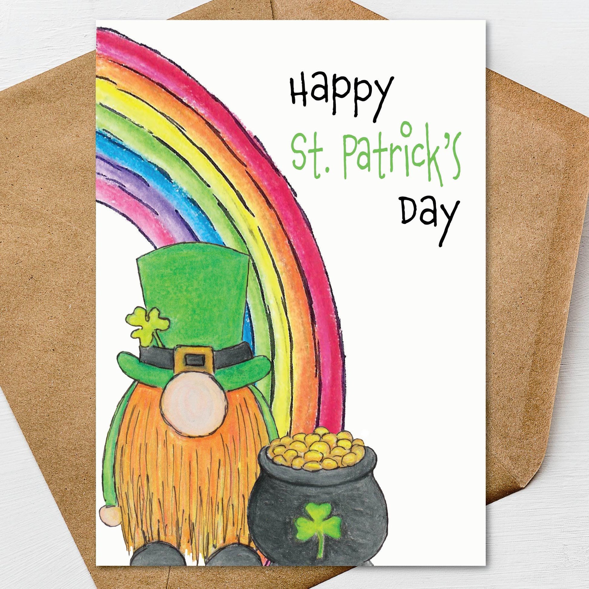 Happy St. Patricks Day Rainbow Gnome Card A7 5x7 on Textured Linen