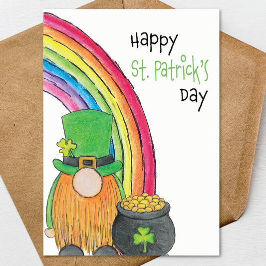 Happy St. Patricks Day Rainbow Gnome Card A7 5x7 on Textured Linen