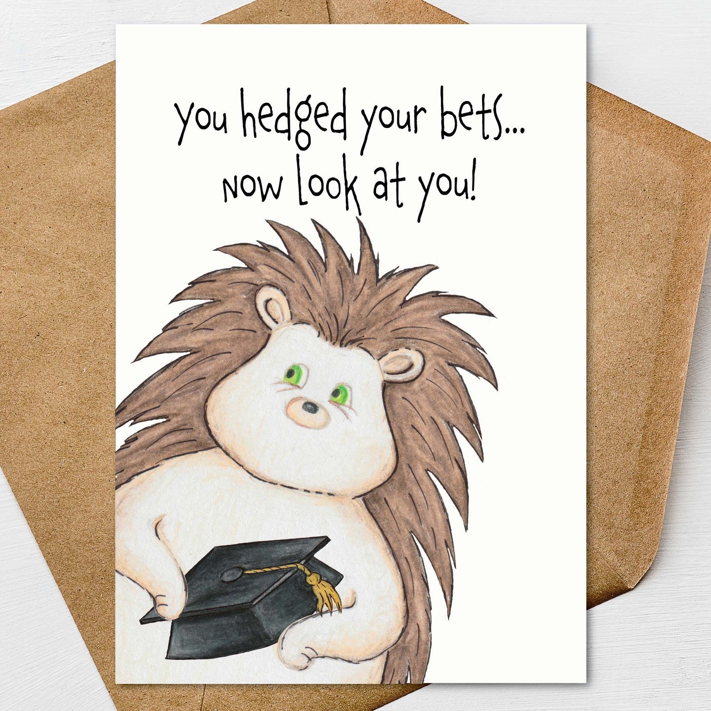 Hedgehog Graduation Card A7 5x7 on Textured Linen | Blank, Standard Greeting, or Personalized