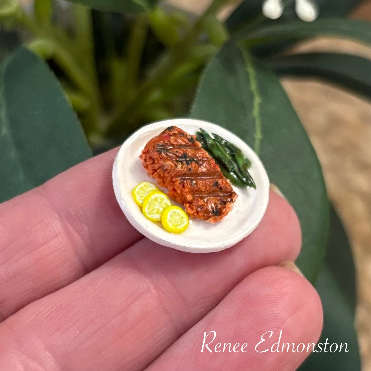 Miniature Grilled Salmon with Green Beans and Lemons Fish Dinner, 1:12 Scale