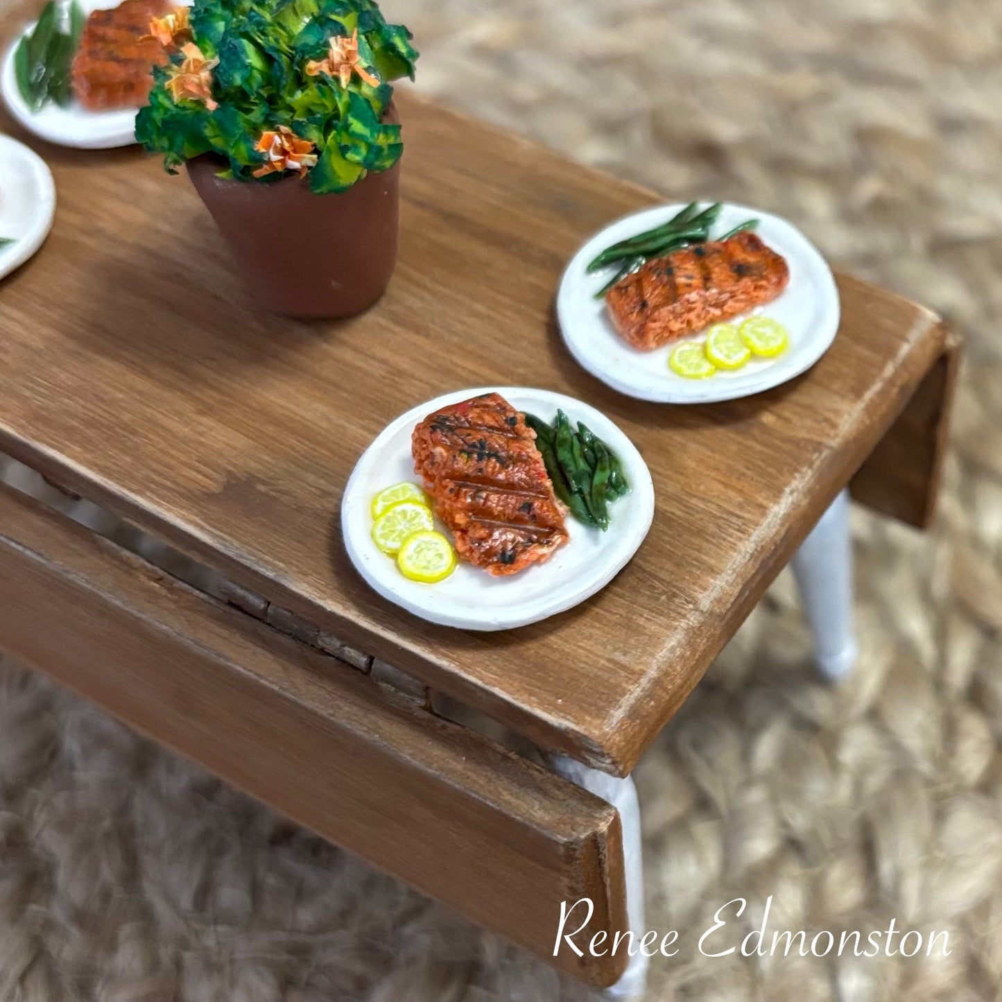 Miniature Grilled Salmon with Green Beans and Lemons Fish Dinner, 1:12 Scale