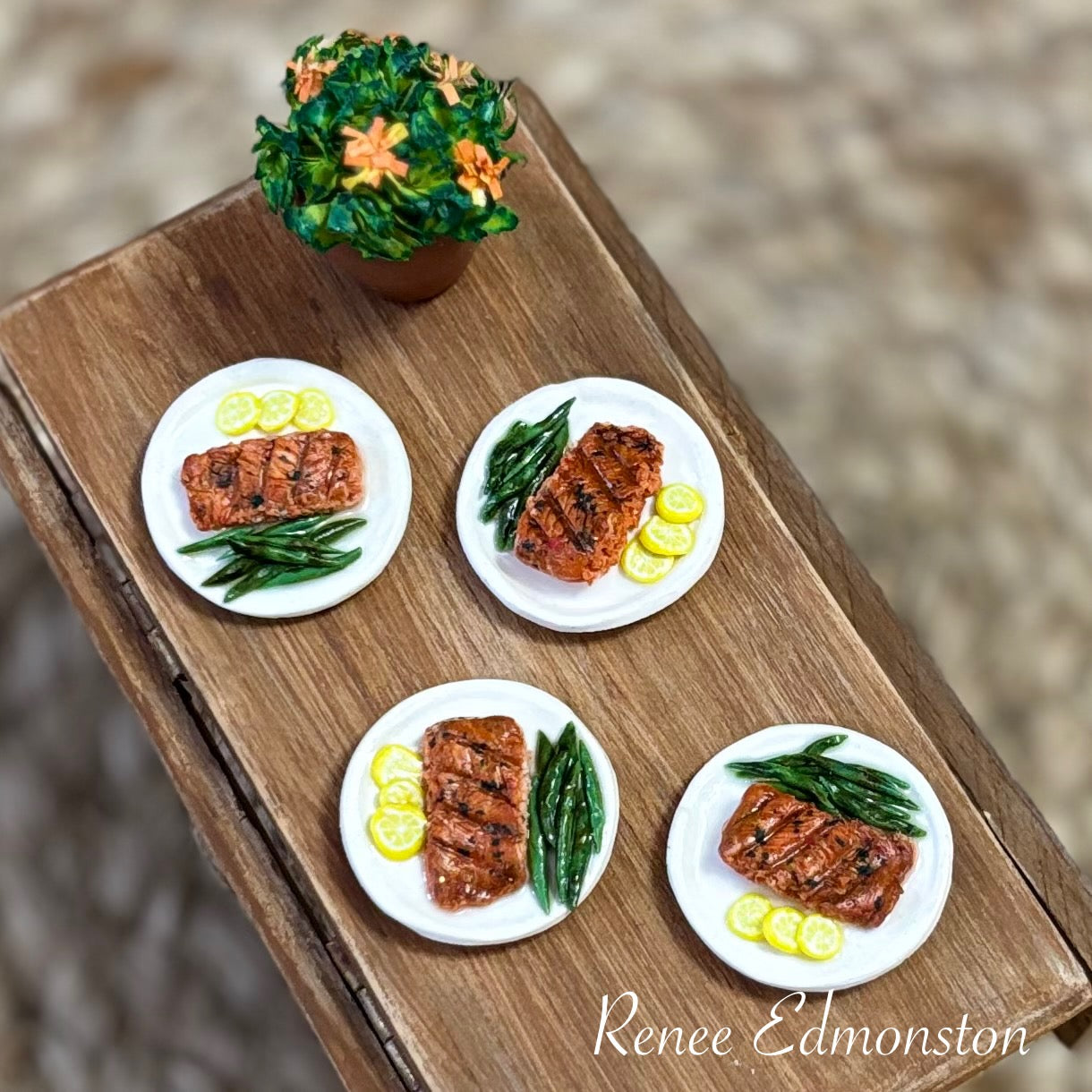 Miniature Grilled Salmon with Green Beans and Lemons Fish Dinner, 1:12 Scale