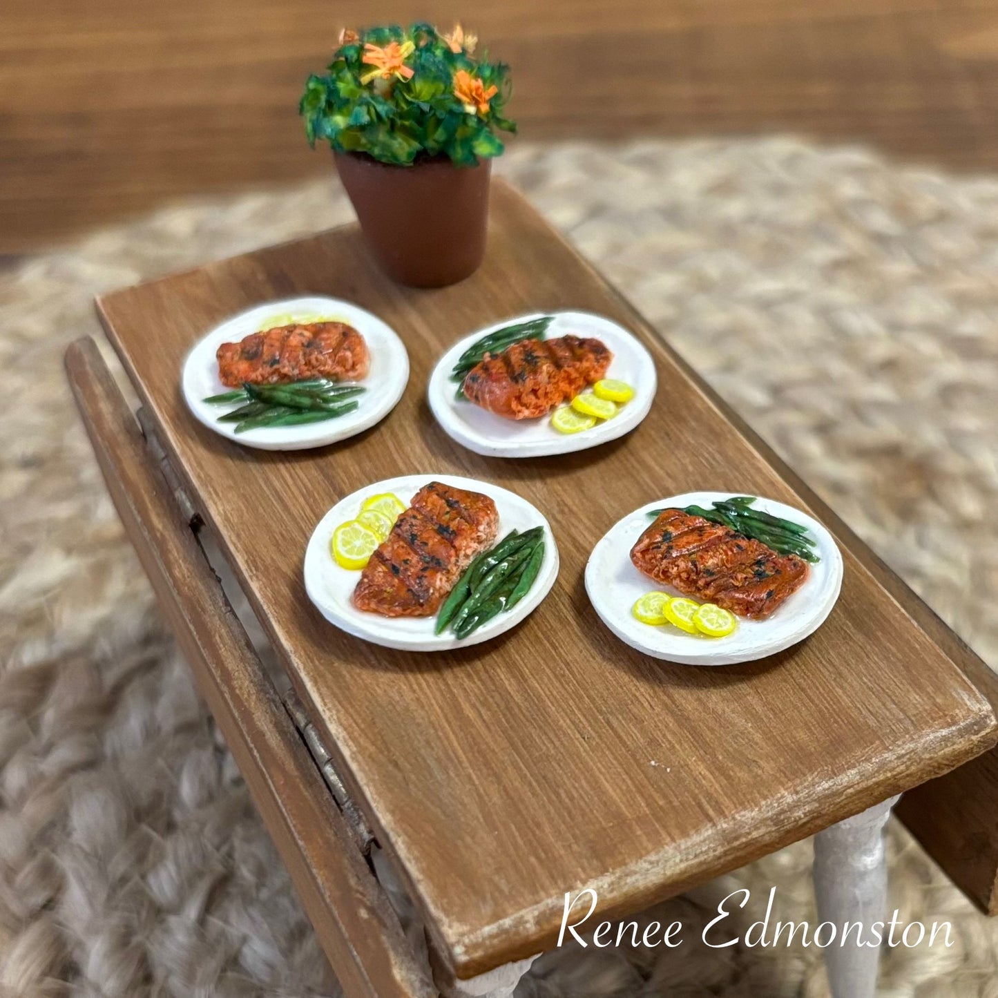 Miniature Grilled Salmon with Green Beans and Lemons Fish Dinner, 1:12 Scale