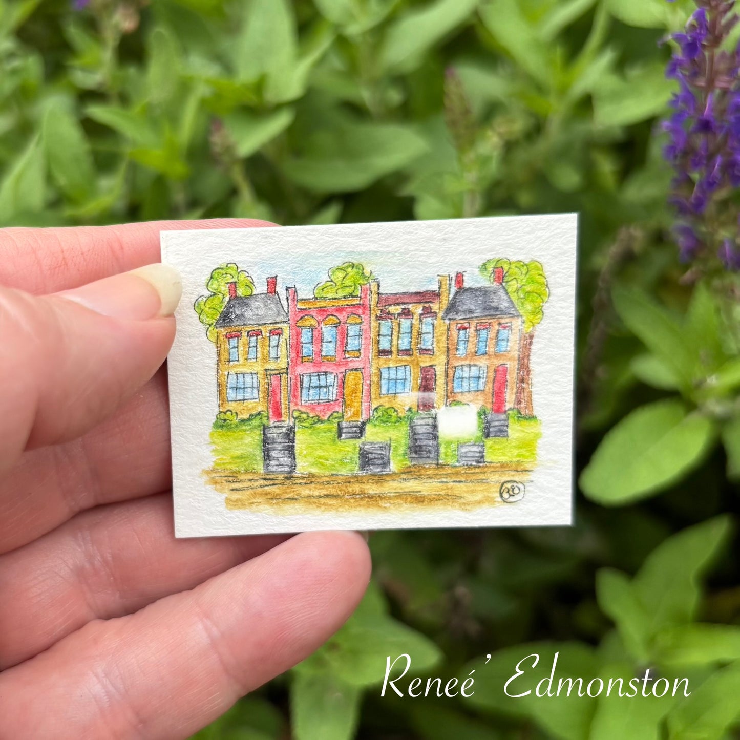 Miniature Original Watercolor Row House Painting 1:12 Scale Art by Renee' Edmonston