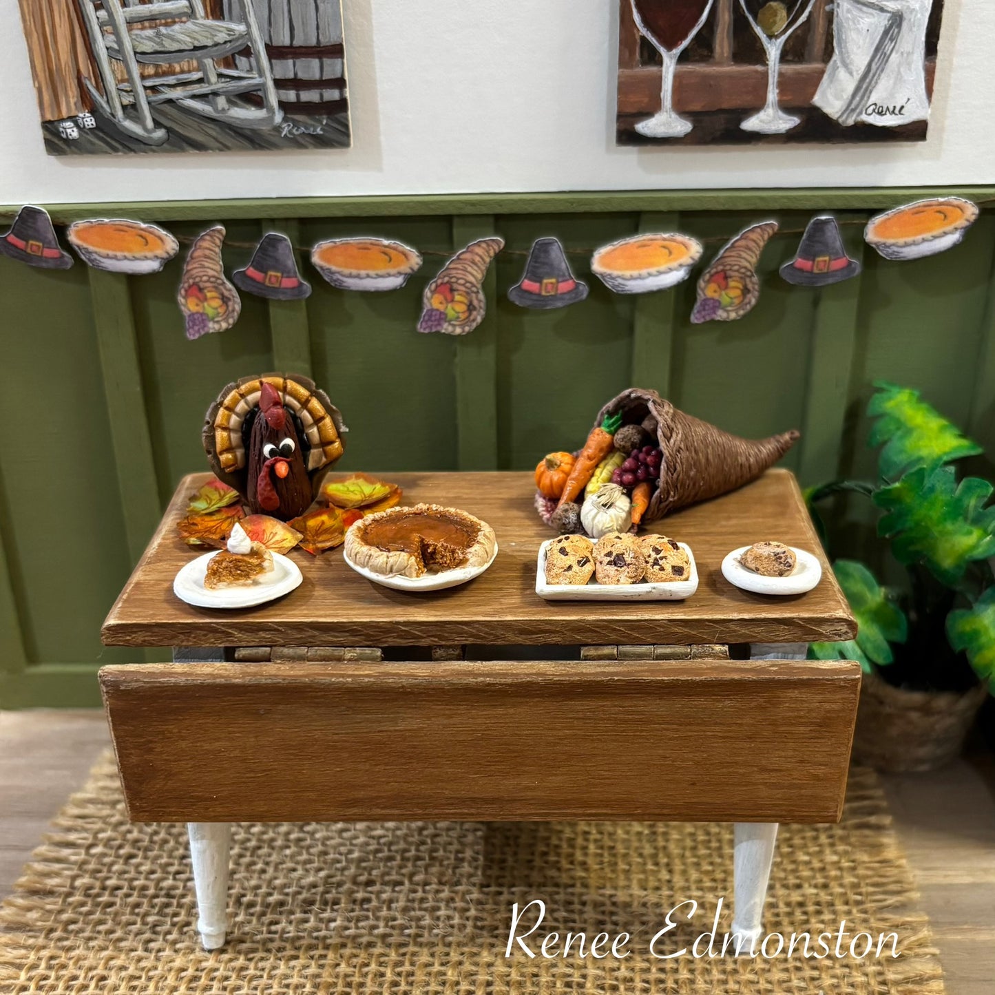 Miniature Happy Thanksgiving Garland Pilgrim Hat, Pumpkin Pie, Cornucopia Dollhouse 1:12 Scale