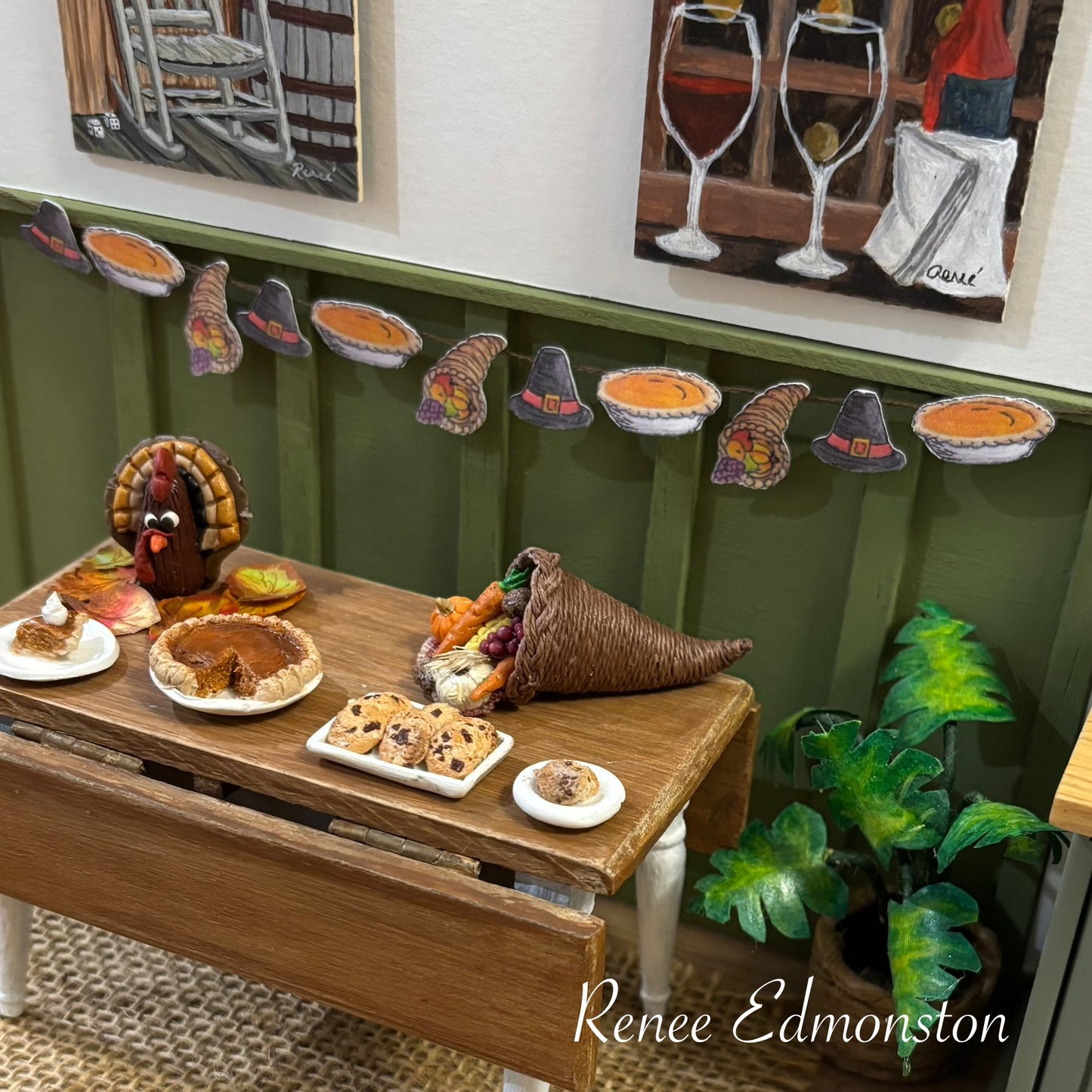 Miniature Happy Thanksgiving Garland Pilgrim Hat, Pumpkin Pie, Cornucopia Dollhouse 1:12 Scale