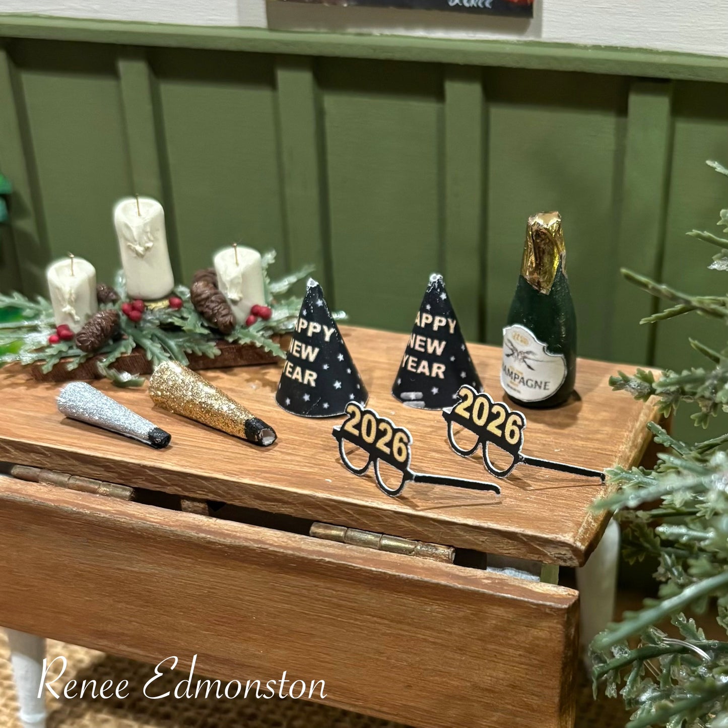 New Years Hats Horn Noise Makers 2026 Eye Glasses Champagne Bottle Complete Party Set Dollhouse 1:12 Scale