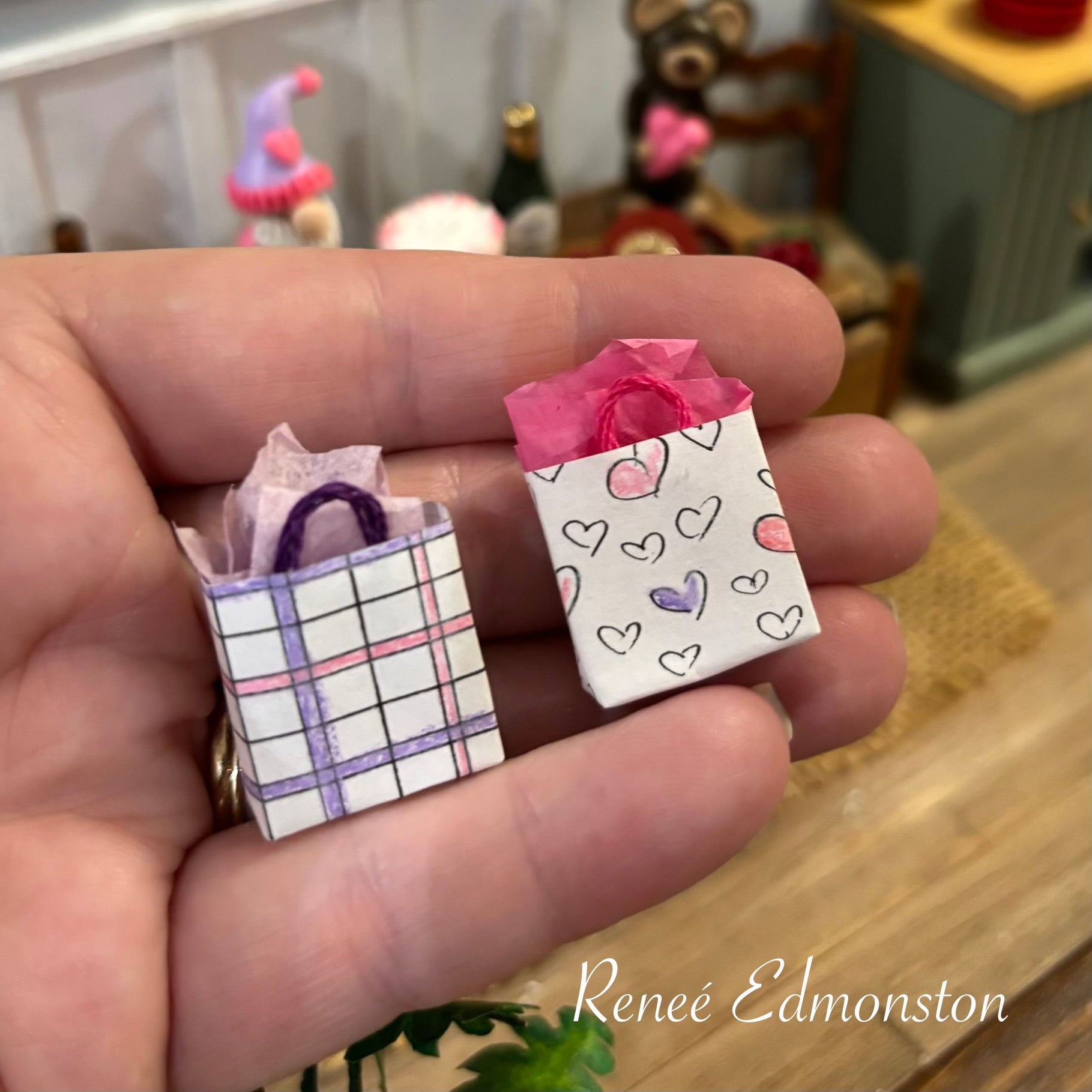 Miniature Valentine's Day Hand Drawn Gift Bags Set of 2 1:12 Scale Handmade