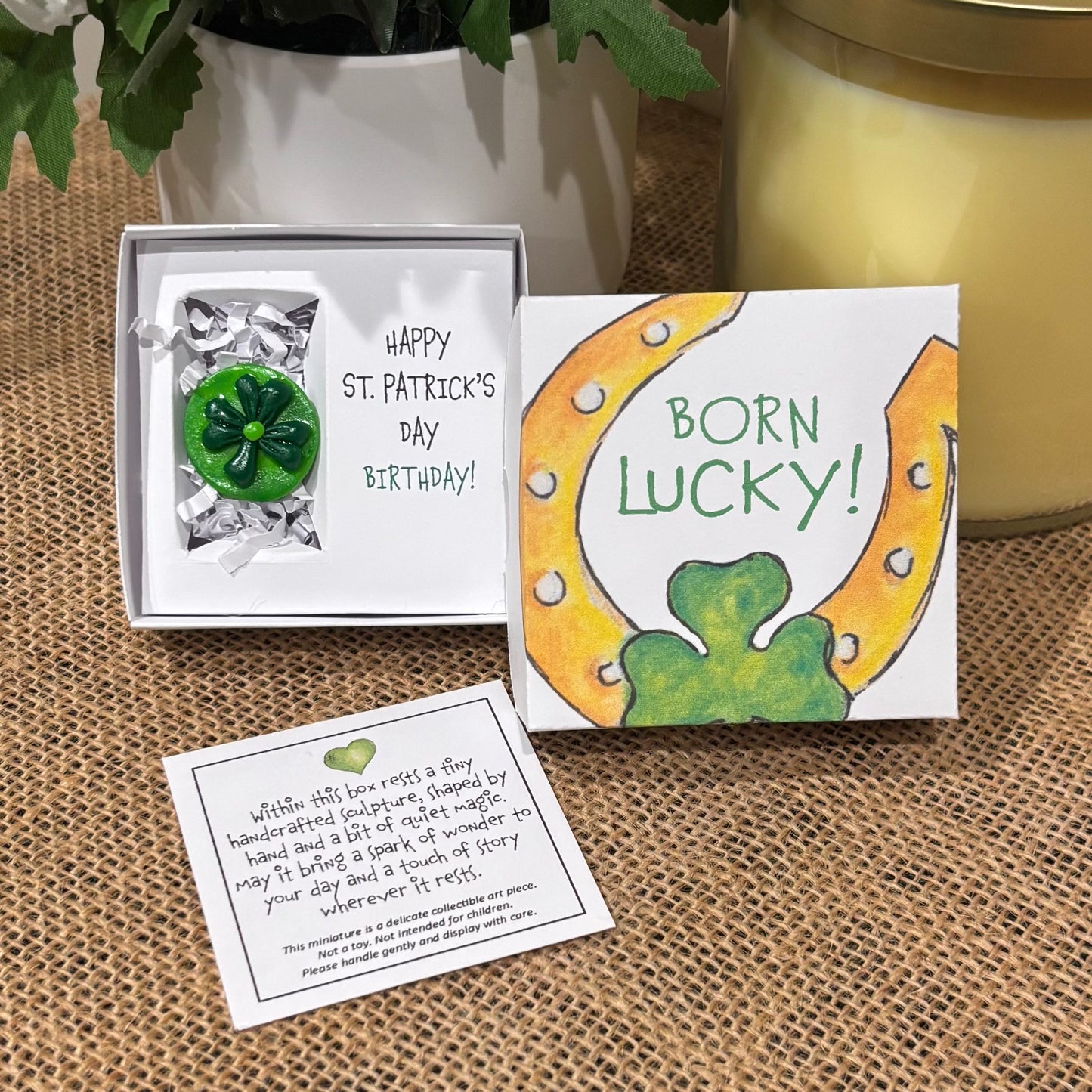 St. Patrick's Day Birthday Mini Magic Box Card: Handcrafted Clay Pocket Hug Keepsake Personalize It