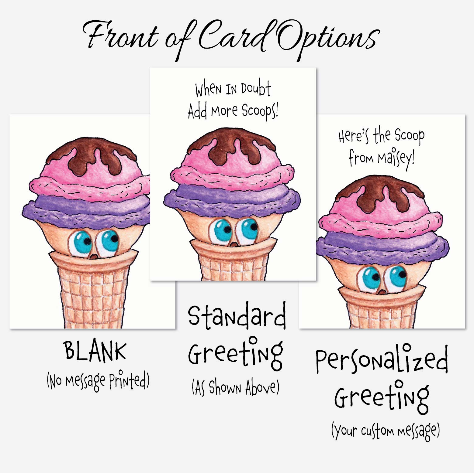 Set of six ice cream notecards featuring original dessert themed artwork