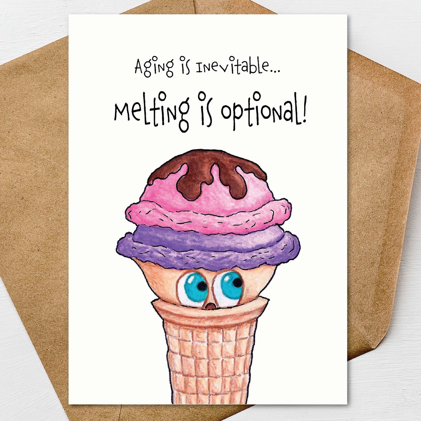 Ice Cream Cone Birthday Card A7 5x7 on Textured Linen | Blank, Standard Greeting, or Personalized
