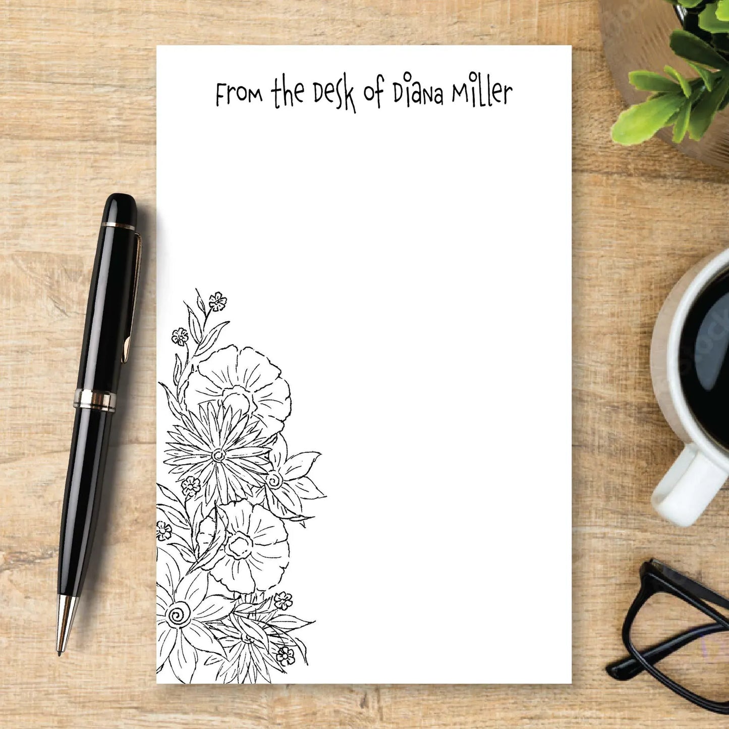 Personalized Floral Notepad, Black and White Flower Stationery, Botanical Writing Pad, Custom Note Pad, Minimalist Desk Paper