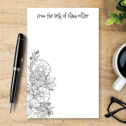 Personalized Floral Notepad, Black and White Flower Stationery, Botanical Writing Pad, Custom Note Pad, Minimalist Desk Paper
