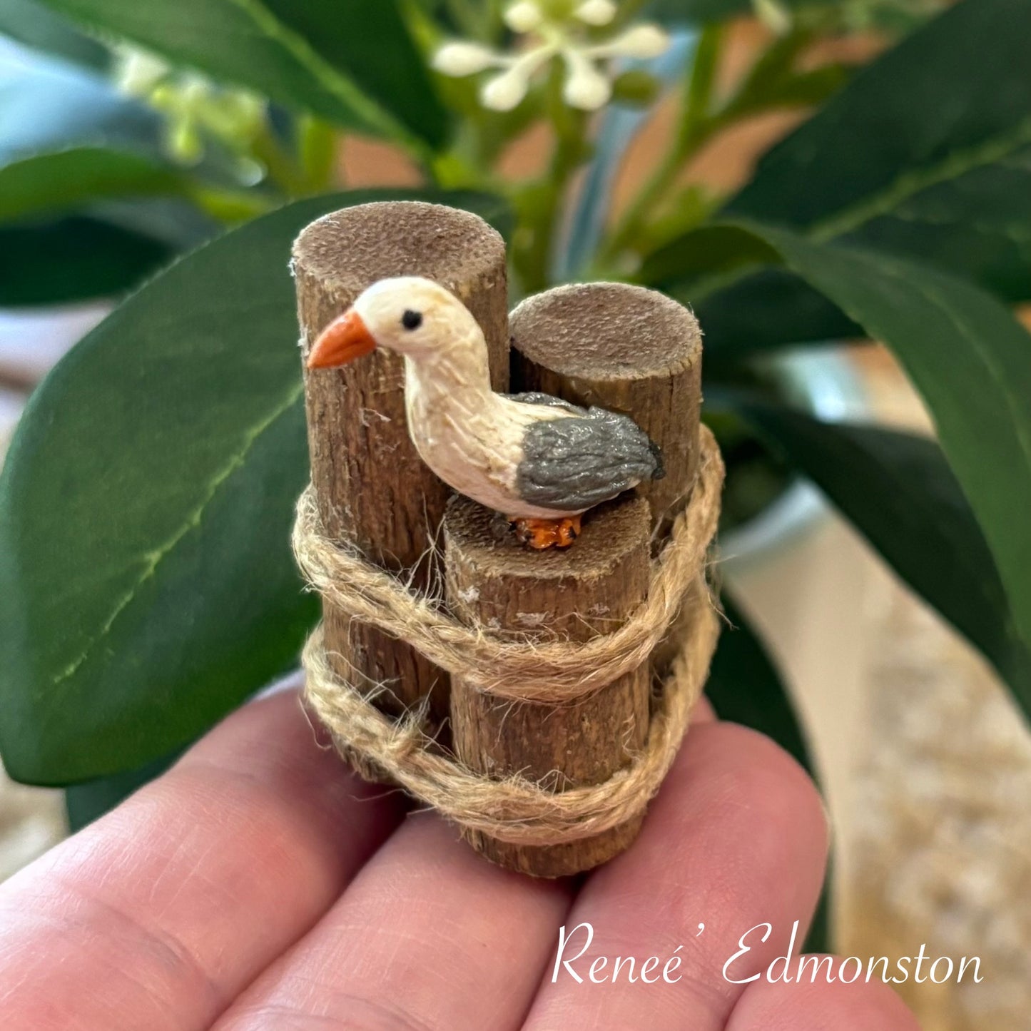 Miniature Nautical Pier Piling with Seagull Dollhouse 1:12 Scale Artisan Handmade