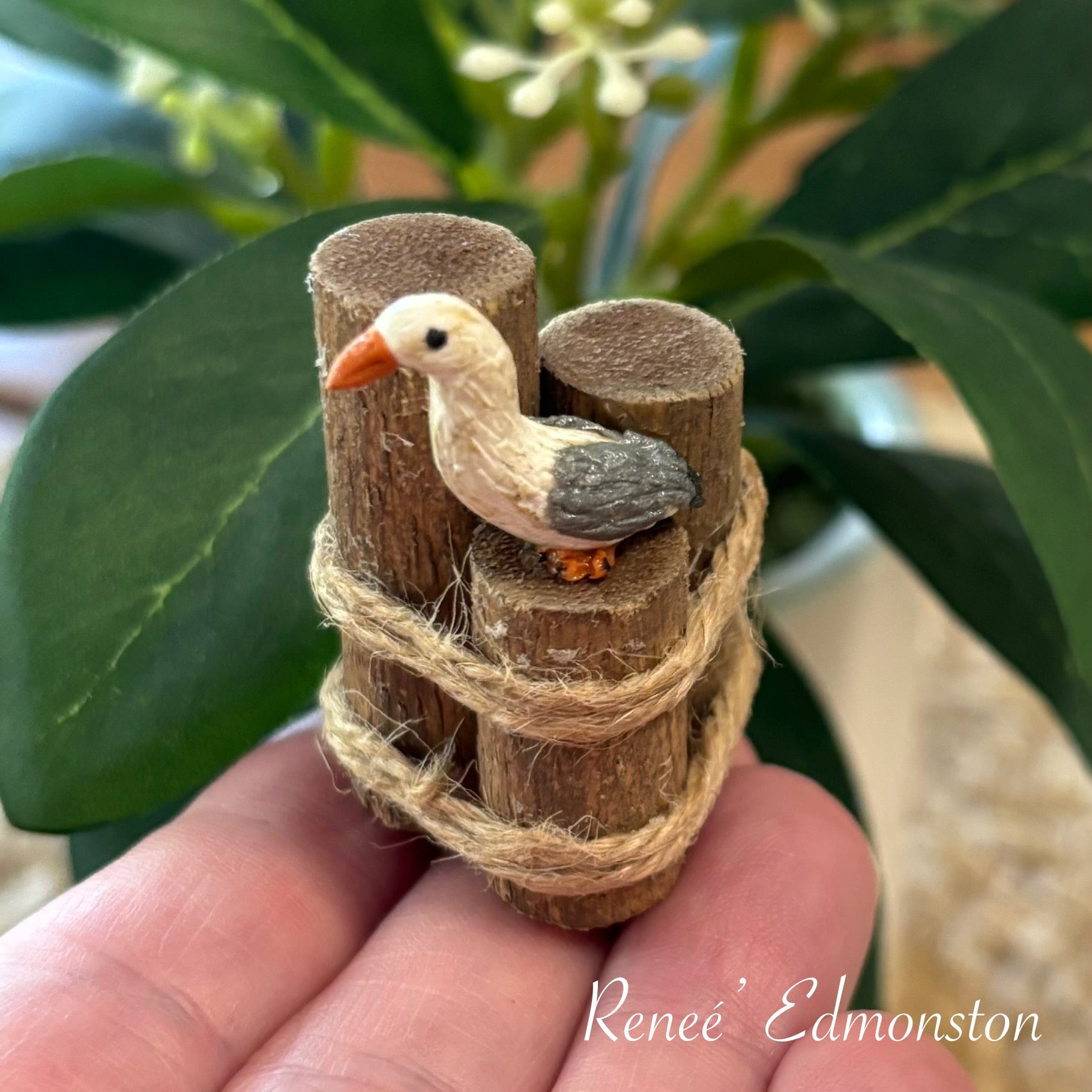 Miniature Nautical Pier Piling with Seagull Dollhouse 1:12 Scale Artisan Handmade