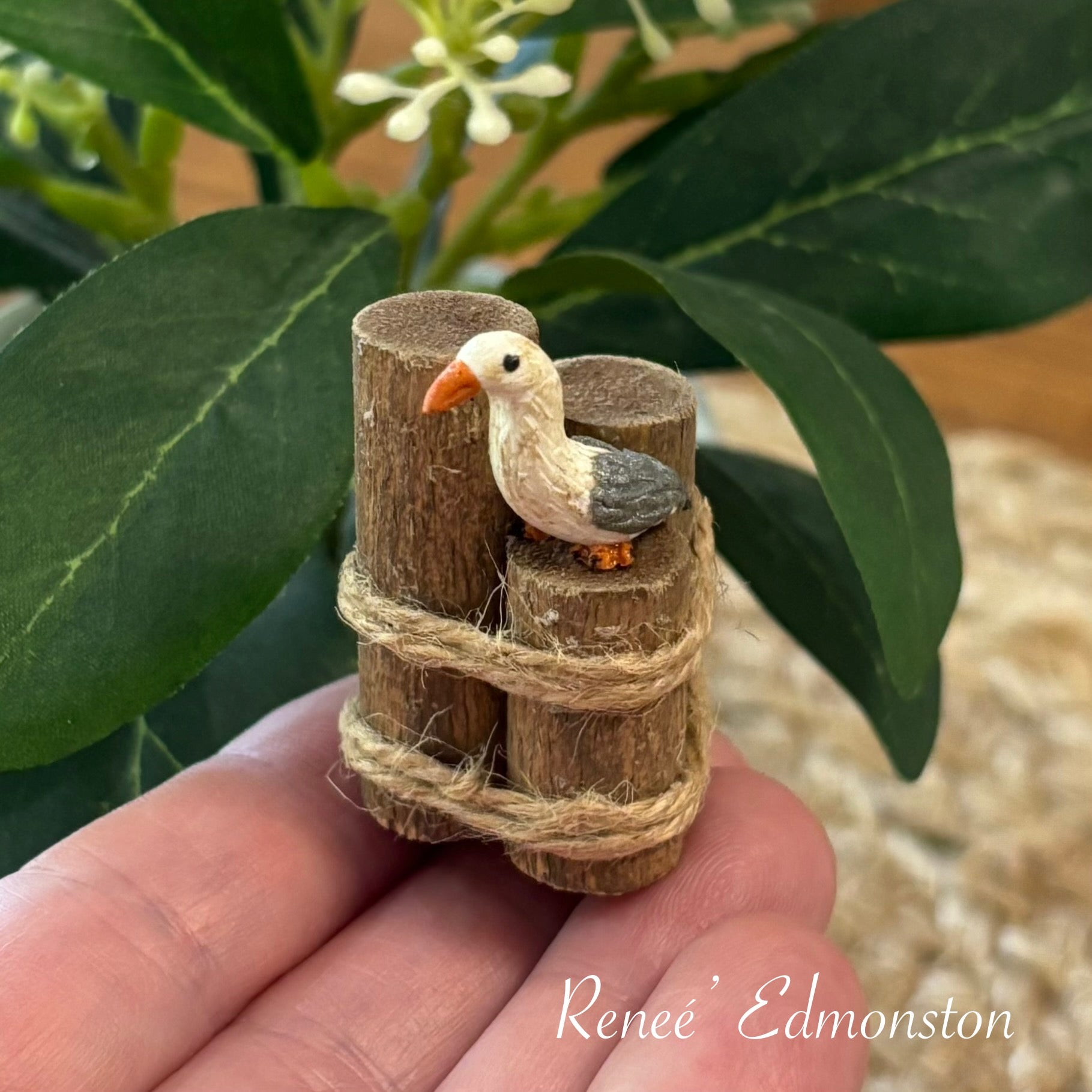 Miniature Nautical Pier Piling with Seagull Dollhouse 1:12 Scale Artisan Handmade