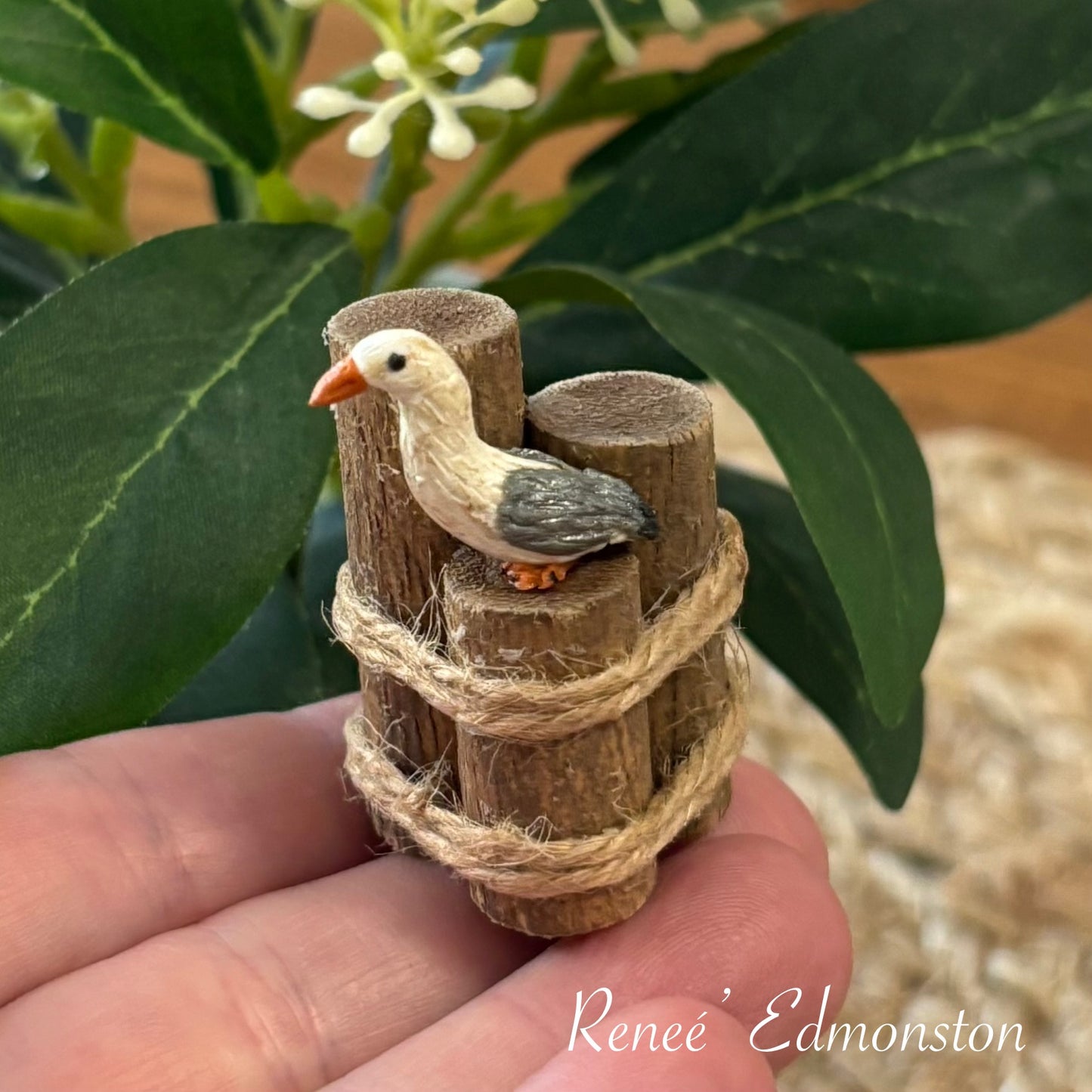 Miniature Nautical Pier Piling with Seagull Dollhouse 1:12 Scale Artisan Handmade