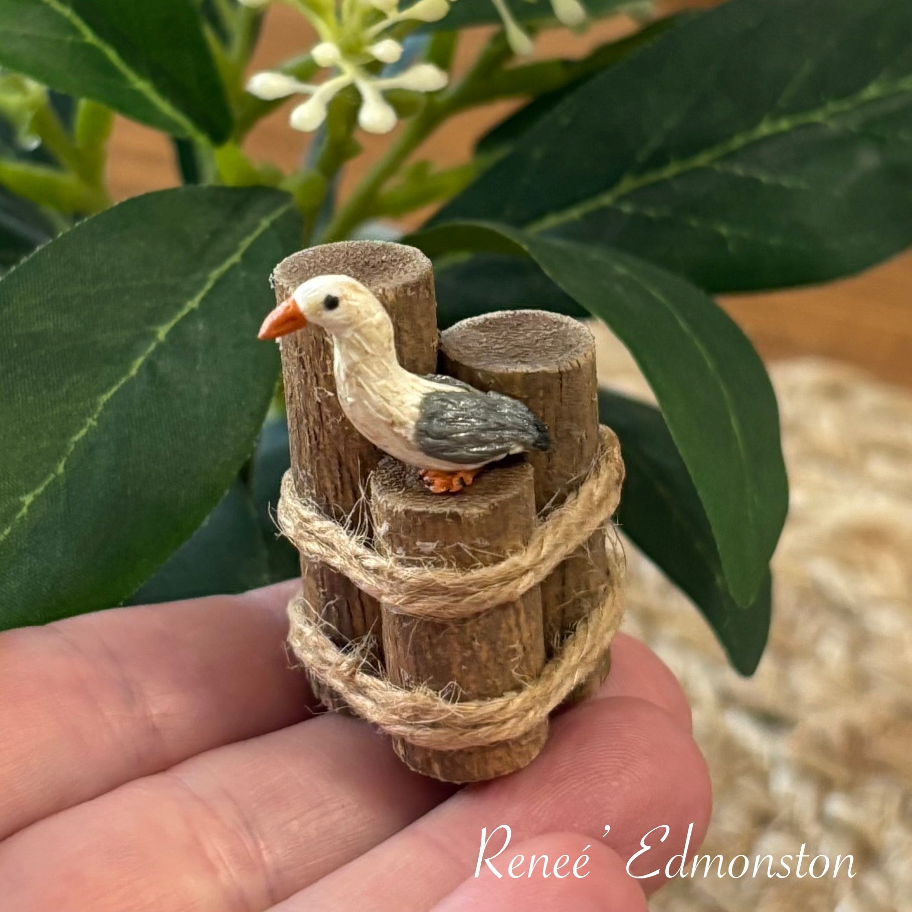 Miniature Nautical Pier Piling with Seagull Dollhouse 1:12 Scale Artisan Handmade