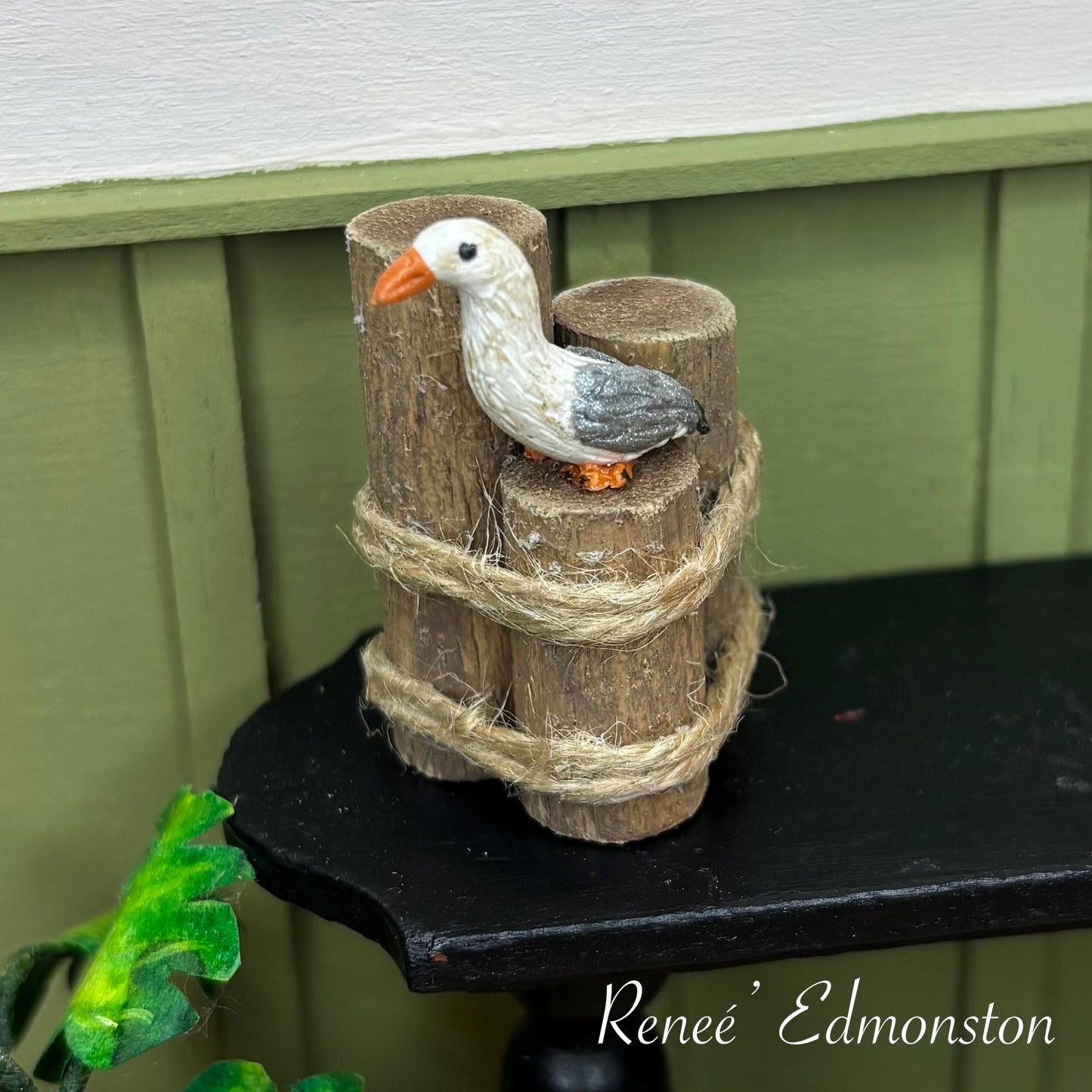 Miniature Nautical Pier Piling with Seagull Dollhouse 1:12 Scale Artisan Handmade