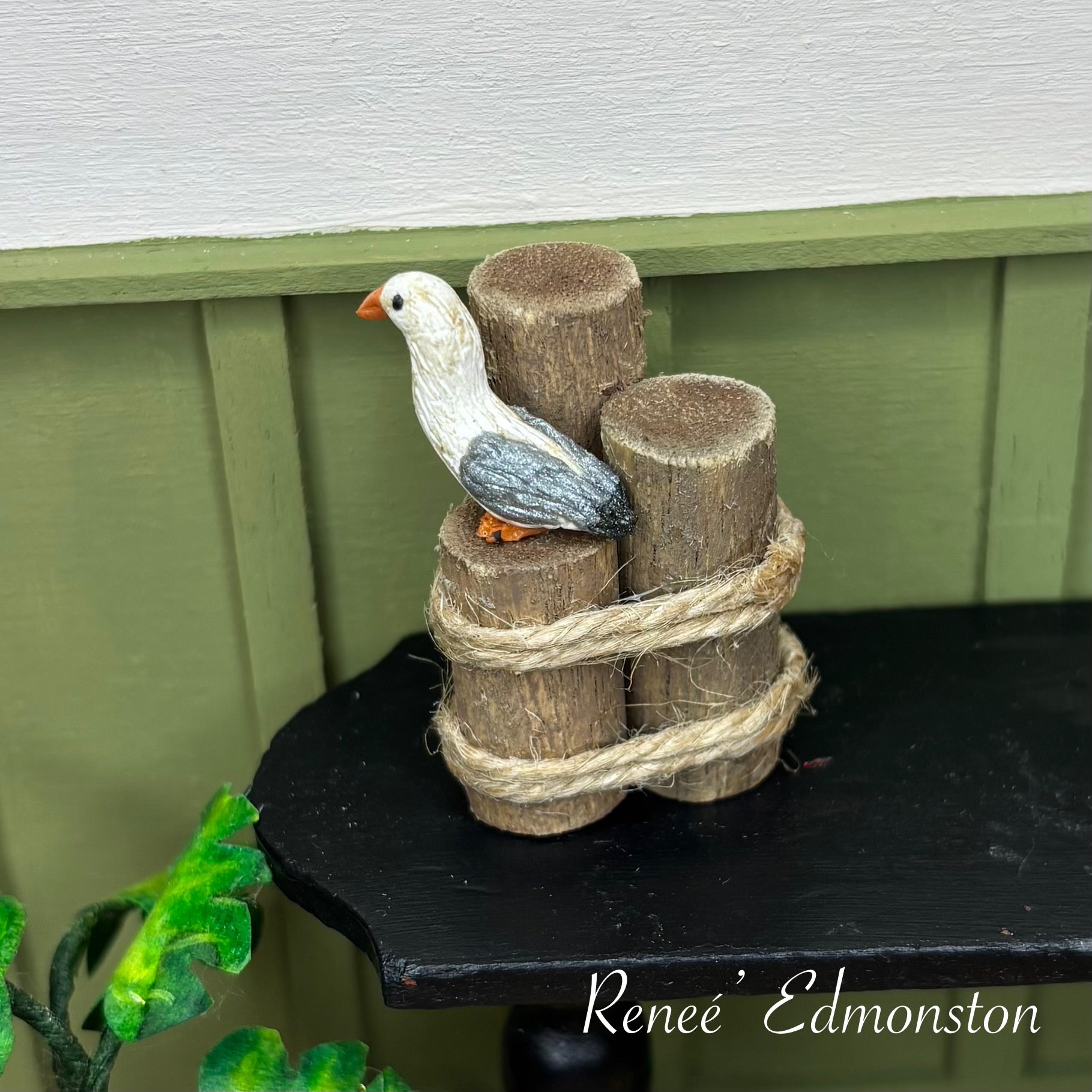 Miniature Nautical Pier Piling with Seagull Dollhouse 1:12 Scale Artisan Handmade