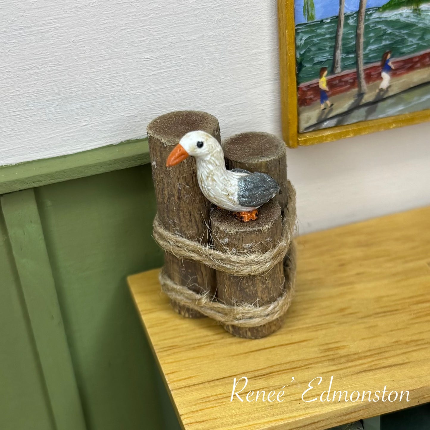 Miniature Nautical Pier Piling with Seagull Dollhouse 1:12 Scale Artisan Handmade