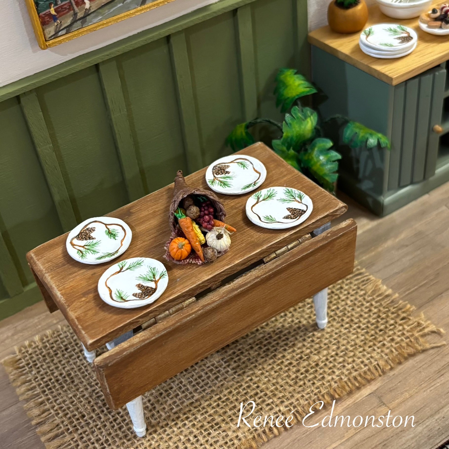 Miniature Pinecone Dinner Plates Dollhouse 1:12 Scale Artisan Hand Painted