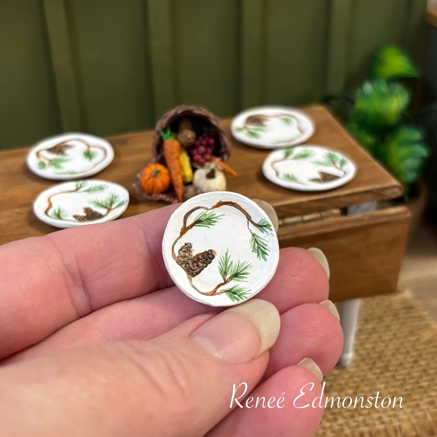 Miniature Pinecone Dinner Plates Dollhouse 1:12 Scale Artisan Hand Painted