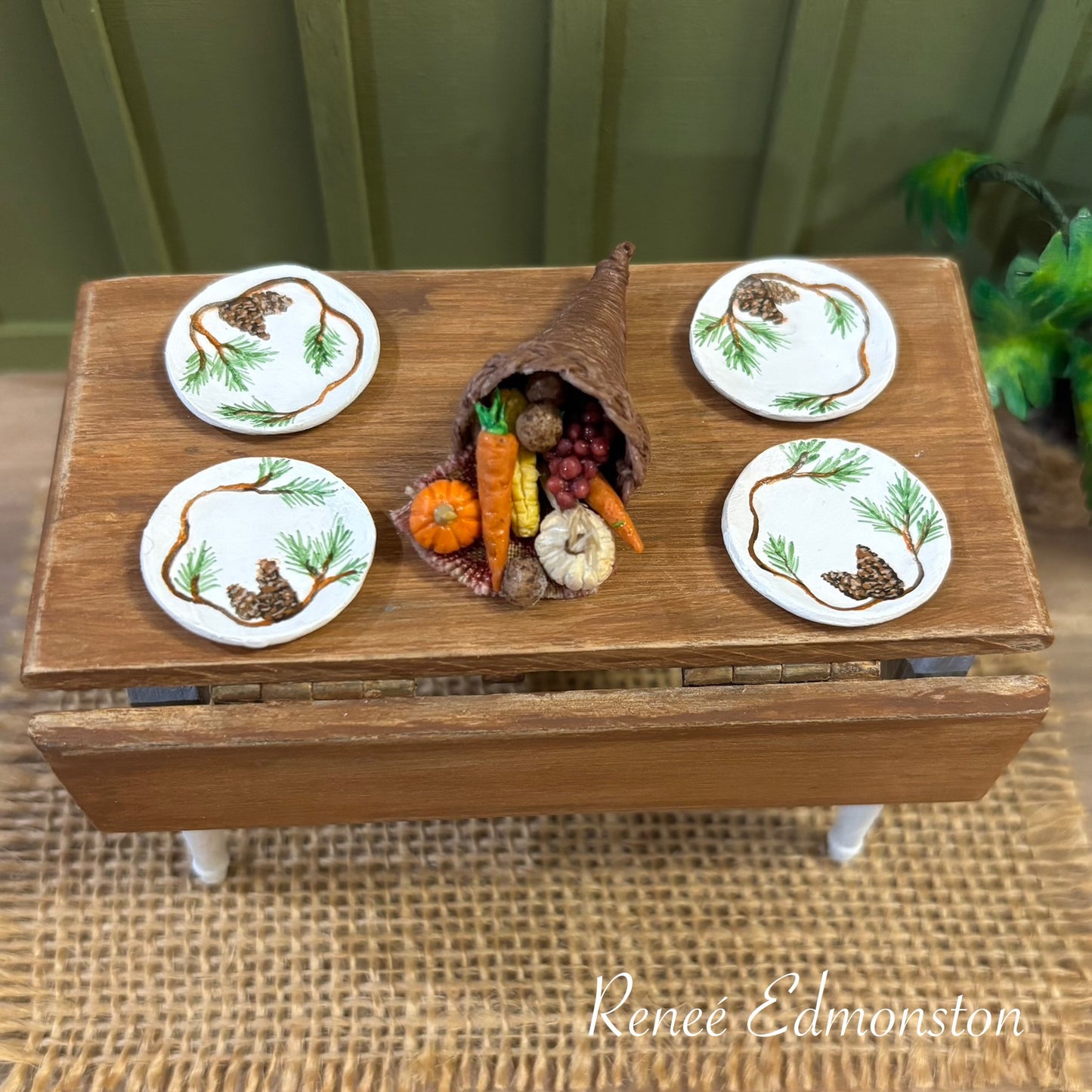 Miniature Pinecone Dinner Plates Dollhouse 1:12 Scale Artisan Hand Painted