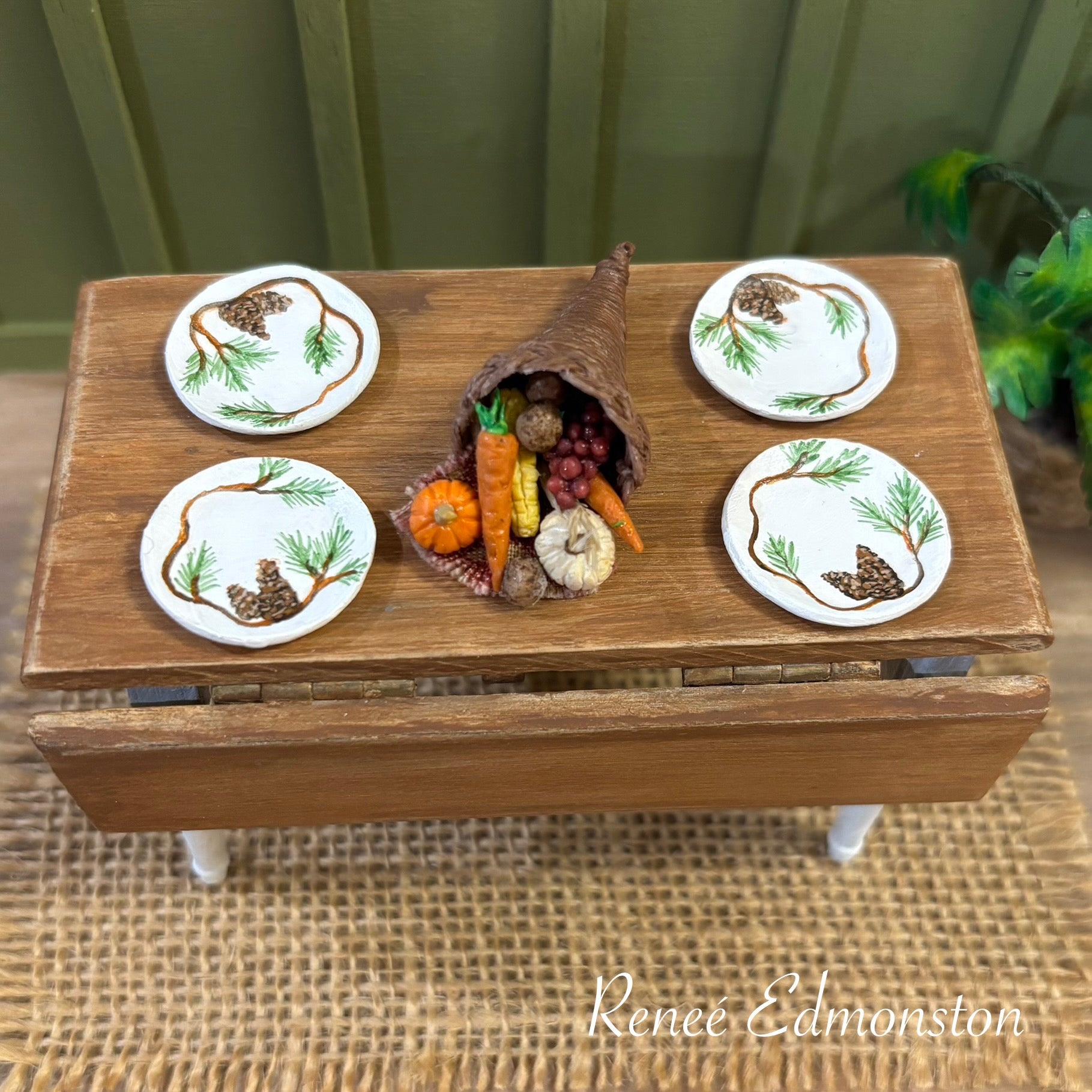 Miniature Pinecone Dinner Plates Dollhouse 1:12 Scale Artisan Hand Painted