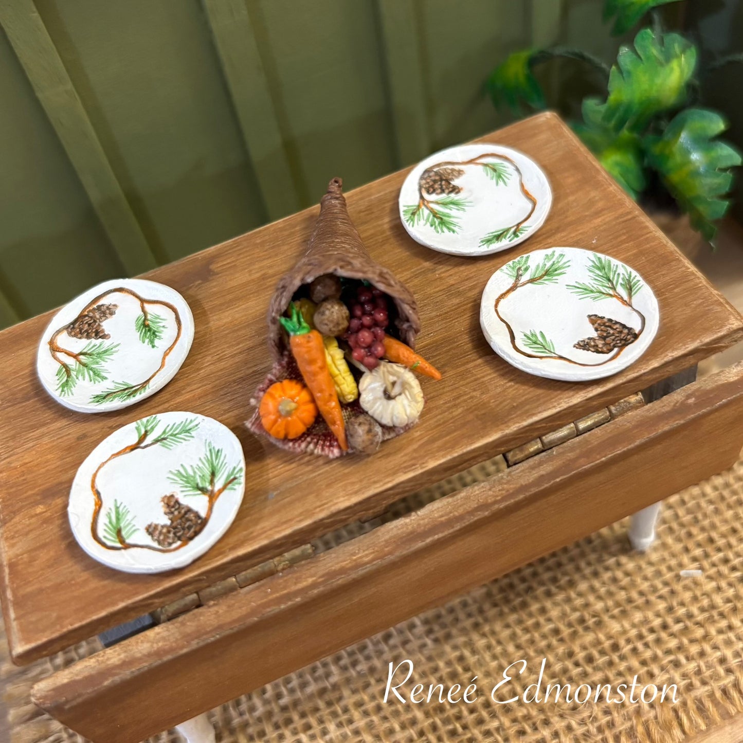 Miniature Pinecone Dinner Plates Dollhouse 1:12 Scale Artisan Hand Painted