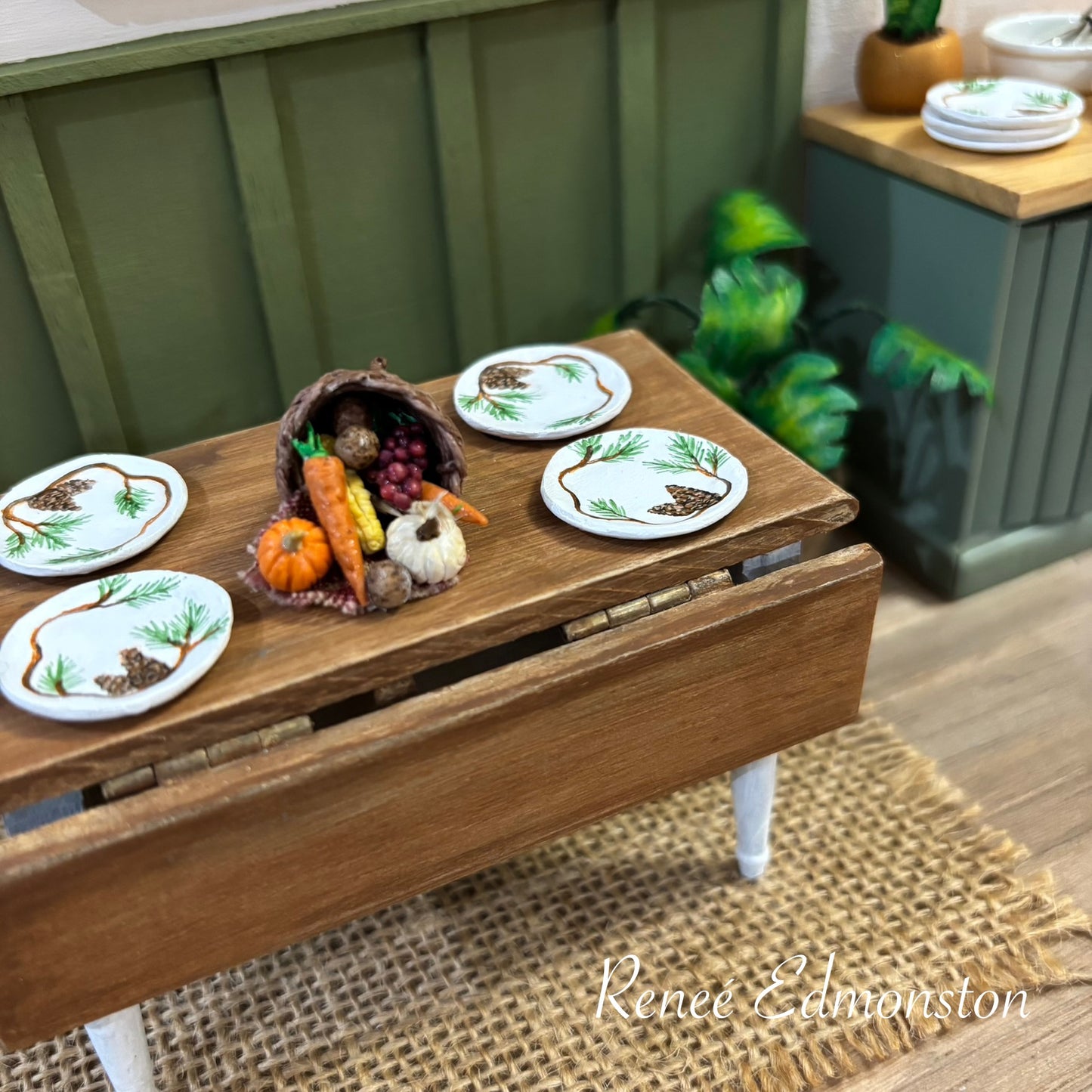 Miniature Pinecone Dinner Plates Dollhouse 1:12 Scale Artisan Hand Painted