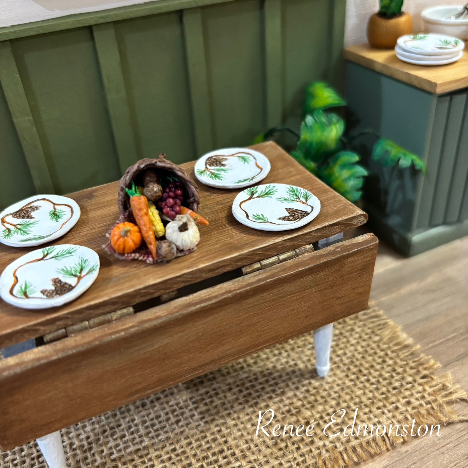 Miniature Pinecone Dinner Plates Dollhouse 1:12 Scale Artisan Hand Painted