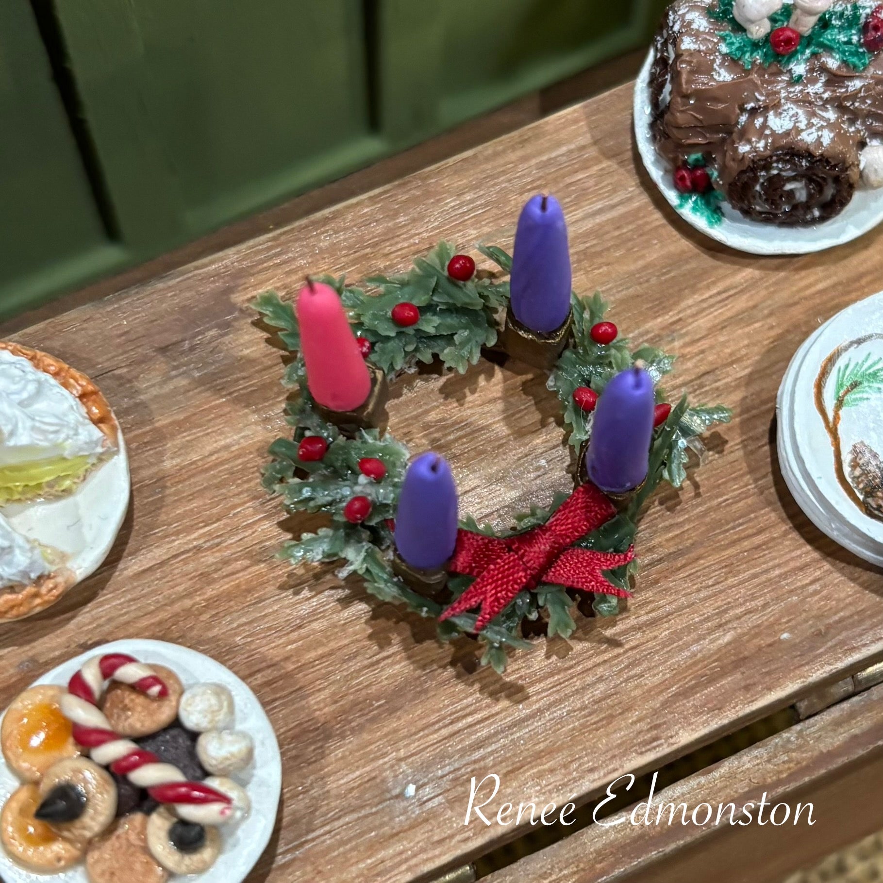 Miniature Christmas Advent Wreath Hope Peace Joy and Love Centerpiece Dollhouse 1:12 Scale