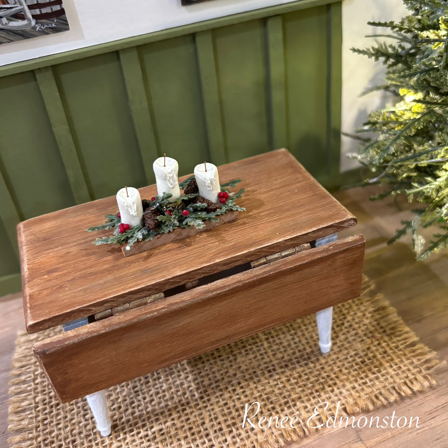 Miniature Christmas Holiday Rustic Candleholder Pinecone and Berry Centerpiece Dollhouse 1:12 Scale Artisan Handmade