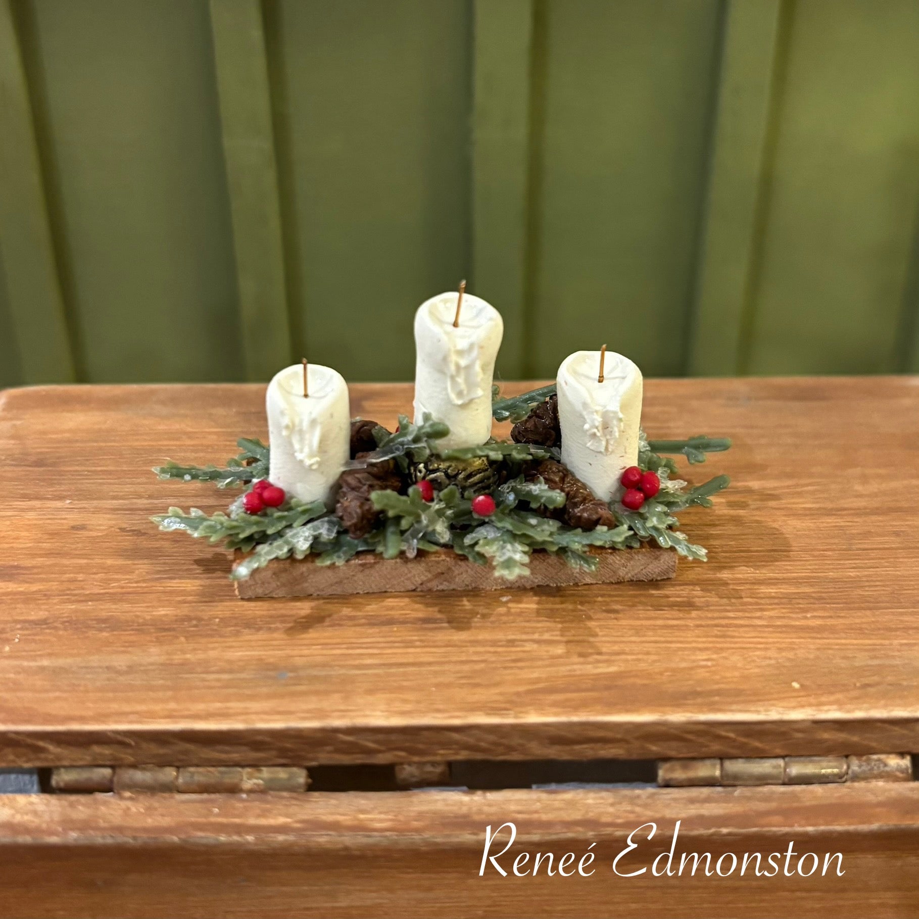 Miniature Christmas Holiday Rustic Candleholder Pinecone and Berry Centerpiece Dollhouse 1:12 Scale Artisan Handmade