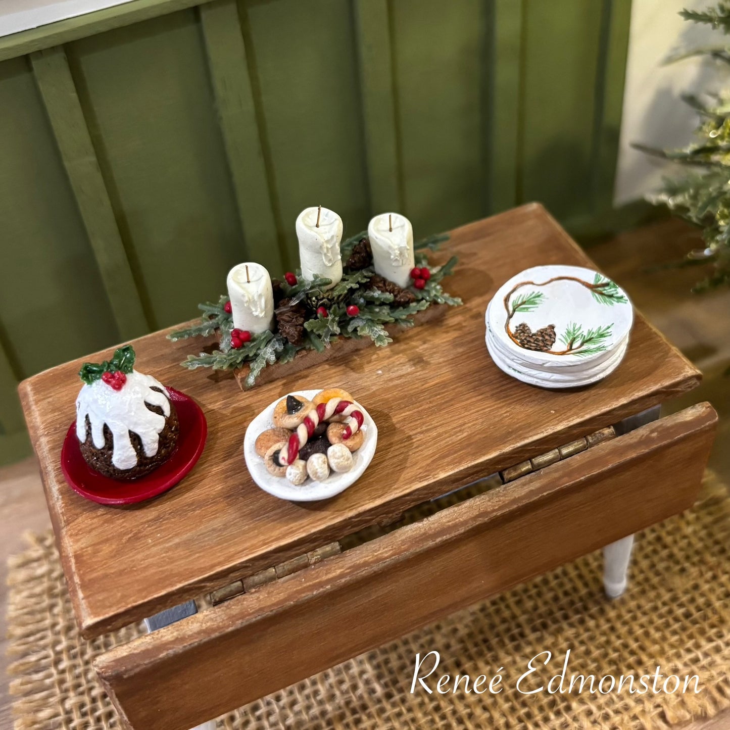 Miniature Christmas Holiday Rustic Candleholder Pinecone and Berry Centerpiece Dollhouse 1:12 Scale Artisan Handmade