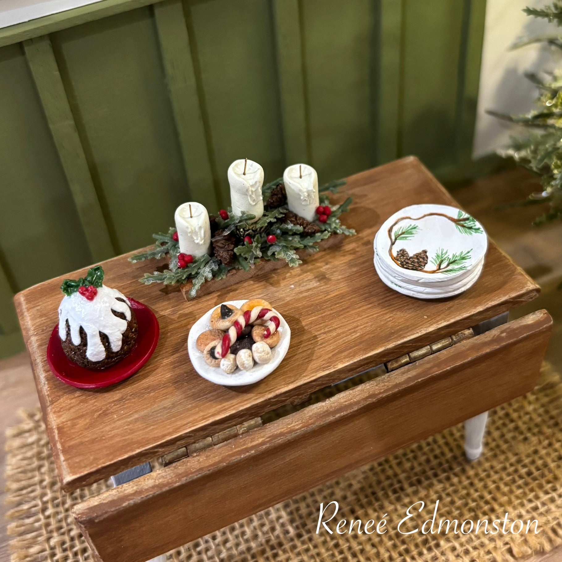 Miniature Christmas Holiday Rustic Candleholder Pinecone and Berry Centerpiece Dollhouse 1:12 Scale Artisan Handmade