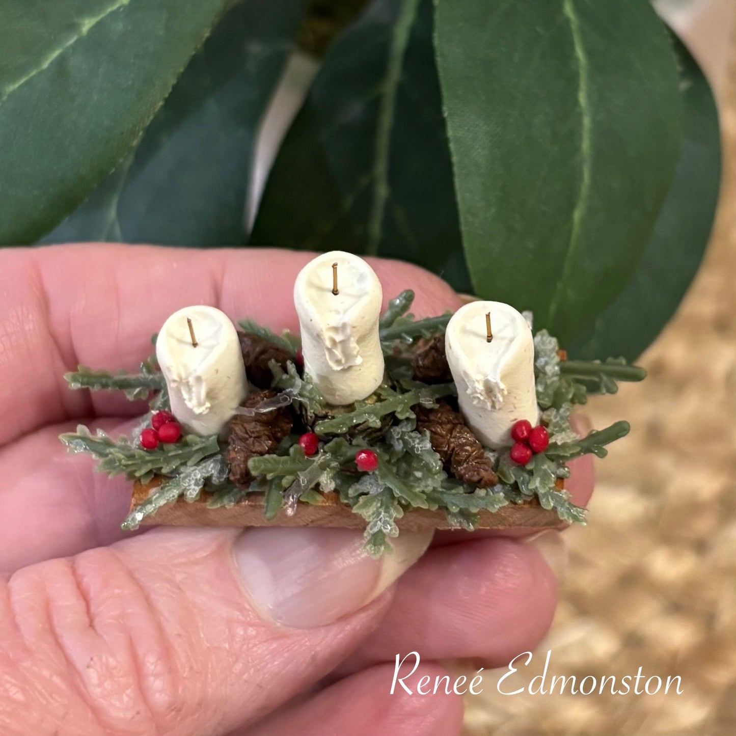 Miniature Christmas Holiday Rustic Candleholder Pinecone and Berry Centerpiece Dollhouse 1:12 Scale Artisan Handmade