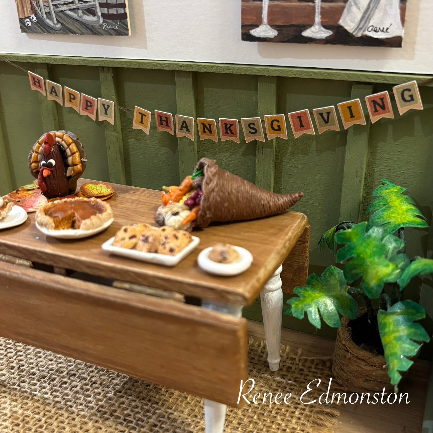 Miniature Happy Thanksgiving Banner Sign Dollhouse 1:12 Scale Artisan Handmade