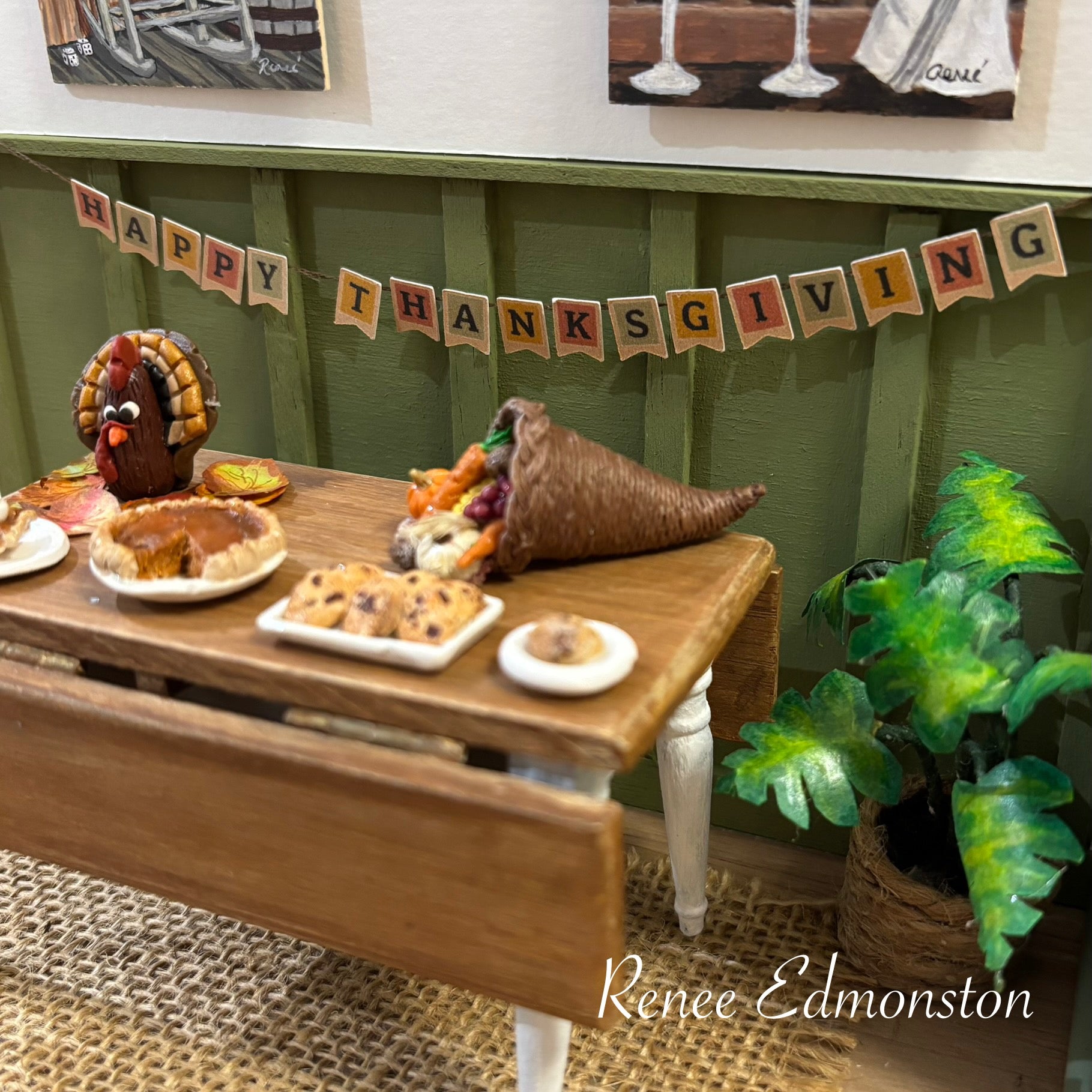 Miniature Happy Thanksgiving Banner Sign Dollhouse 1:12 Scale Artisan Handmade