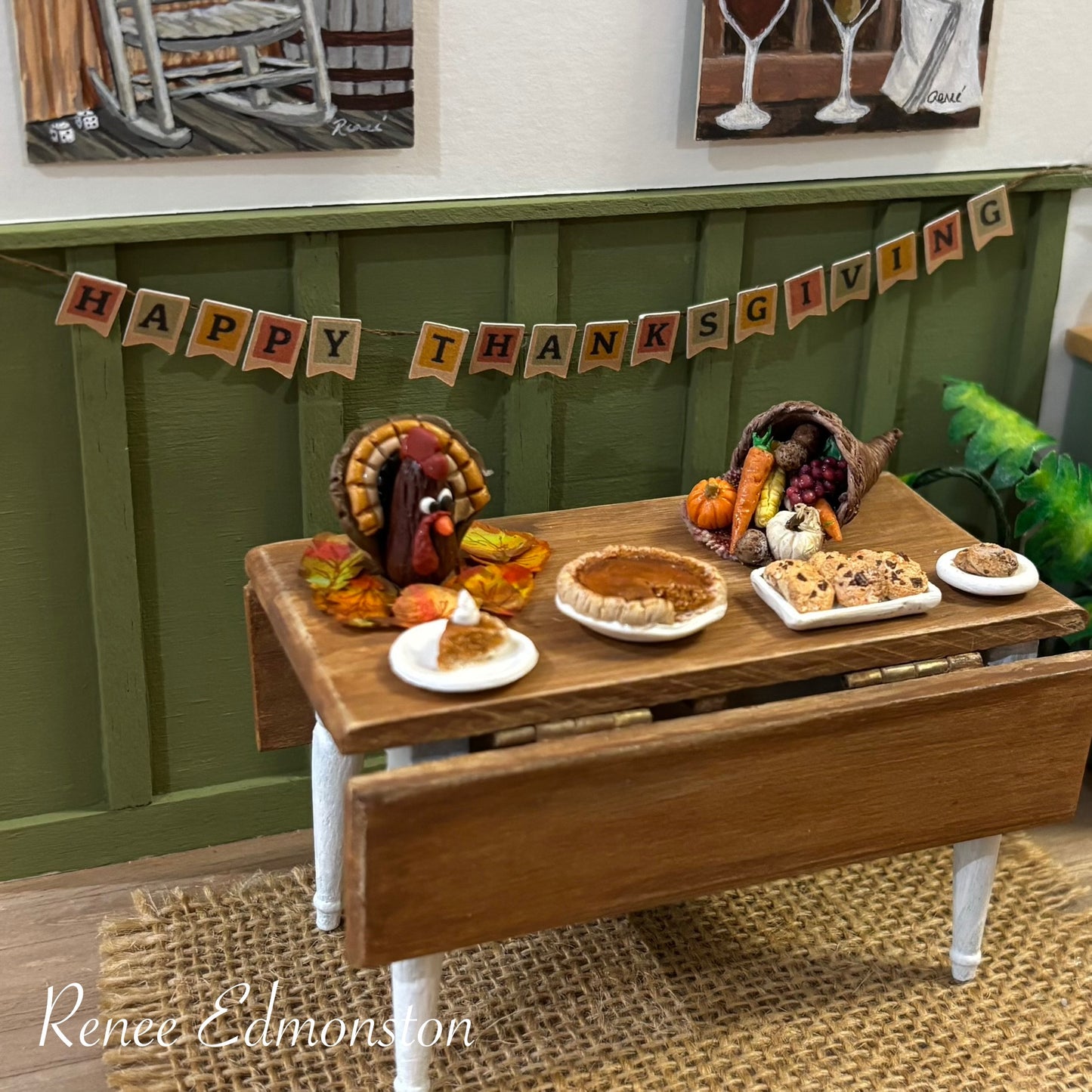 Miniature Happy Thanksgiving Banner Sign Dollhouse 1:12 Scale Artisan Handmade