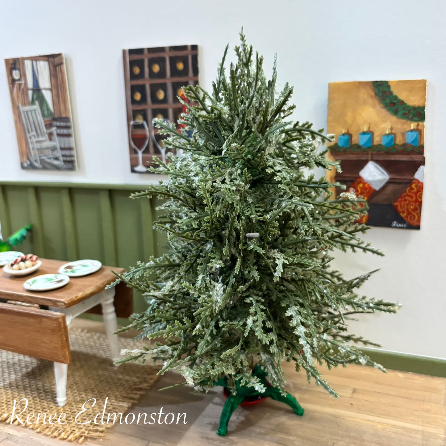 Miniature Realistic Rustic Christmas Tree Dollhouse with Stand 1:12 Scale OOAK Artisan Handmade