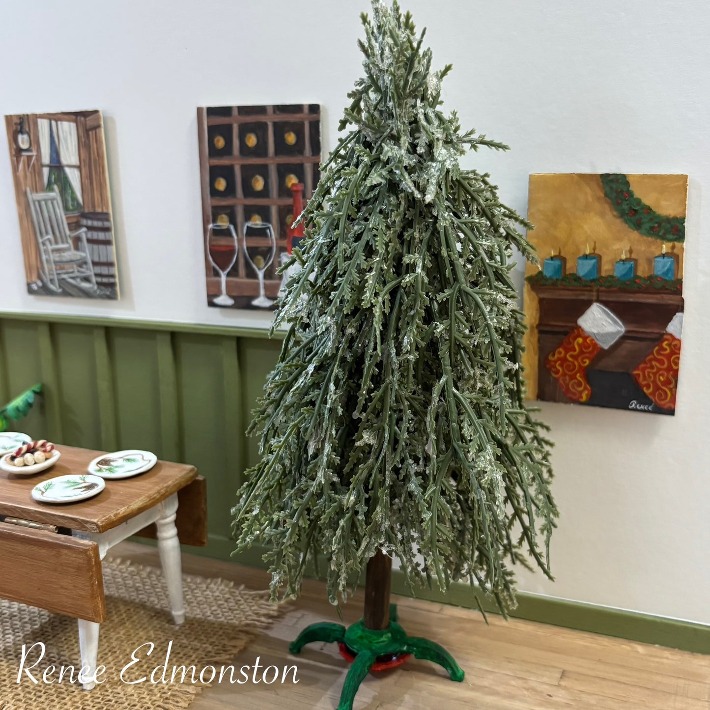 Miniature Realistic Rustic Christmas Tree Dollhouse with Stand 1:12 Scale OOAK Artisan Handmade