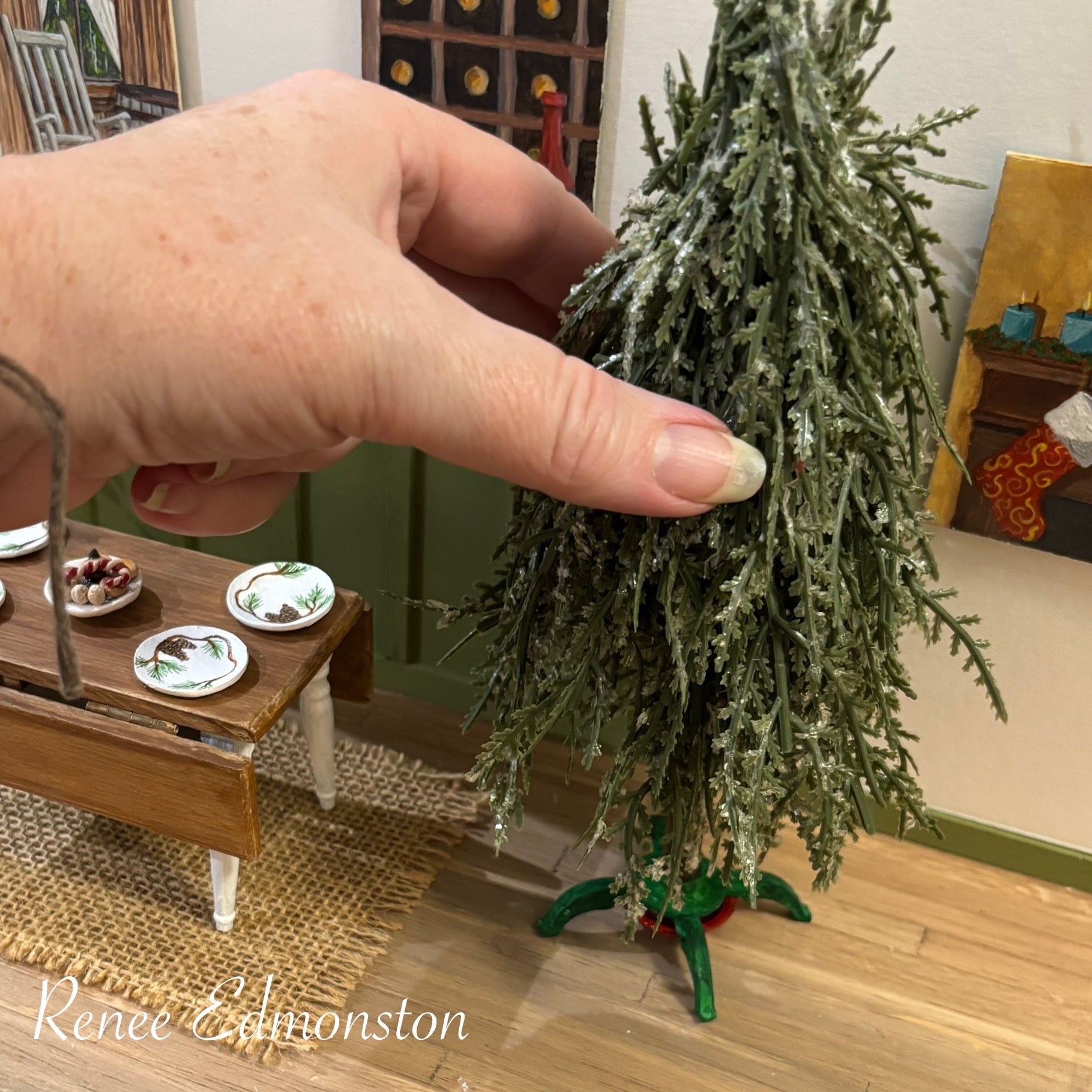 Miniature Realistic Rustic Christmas Tree Dollhouse with Stand 1:12 Scale OOAK Artisan Handmade