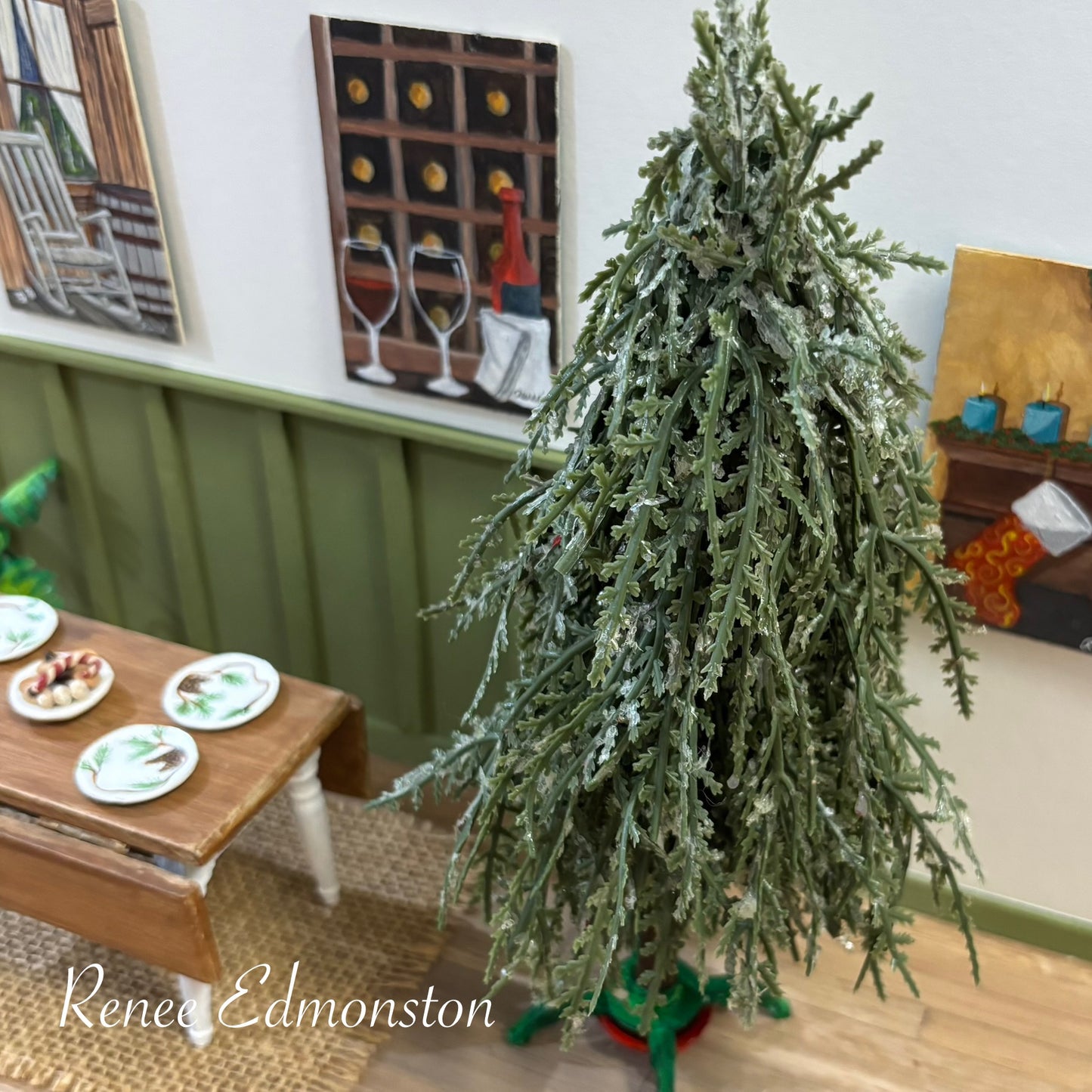 Miniature Realistic Rustic Christmas Tree Dollhouse with Stand 1:12 Scale OOAK Artisan Handmade