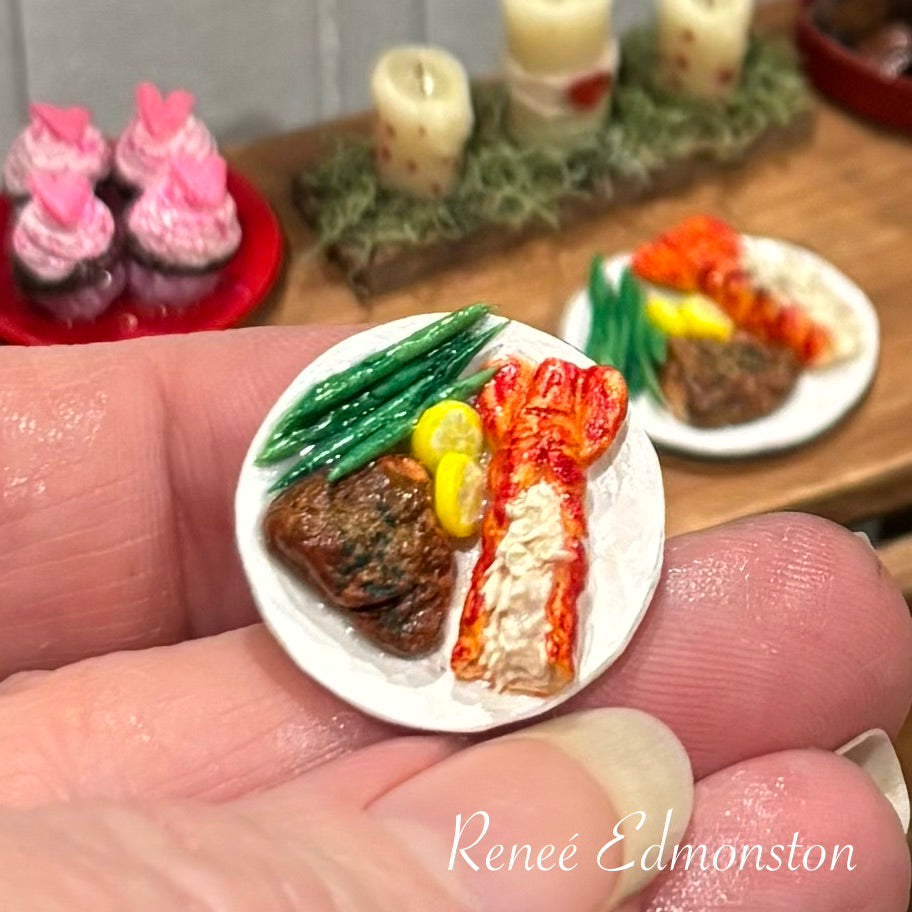 Miniature Surf and Turf Lobster Tail and Steak with Green Beans and Lemons Dinner