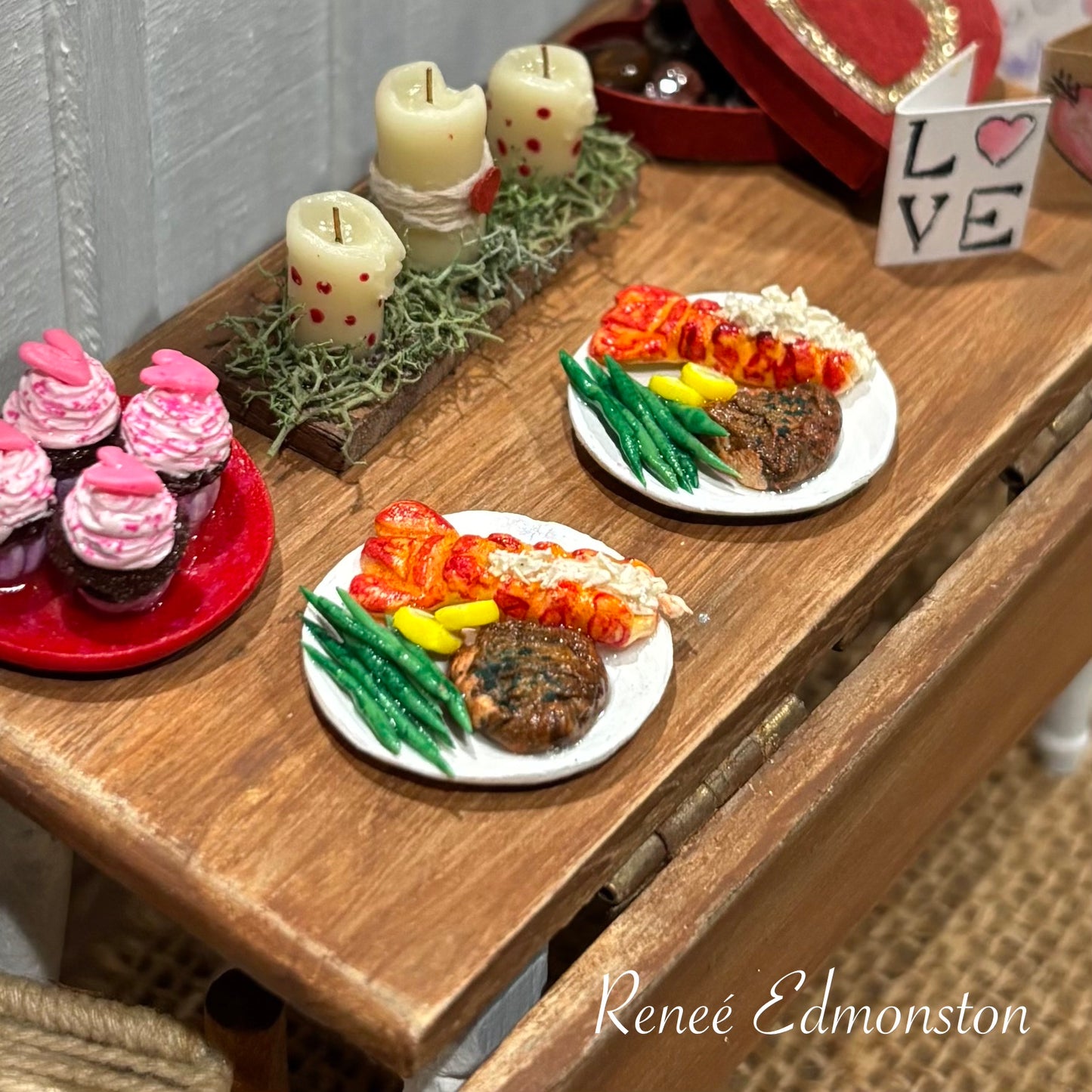 Miniature Surf and Turf Lobster Tail and Steak with Green Beans and Lemons Dinner