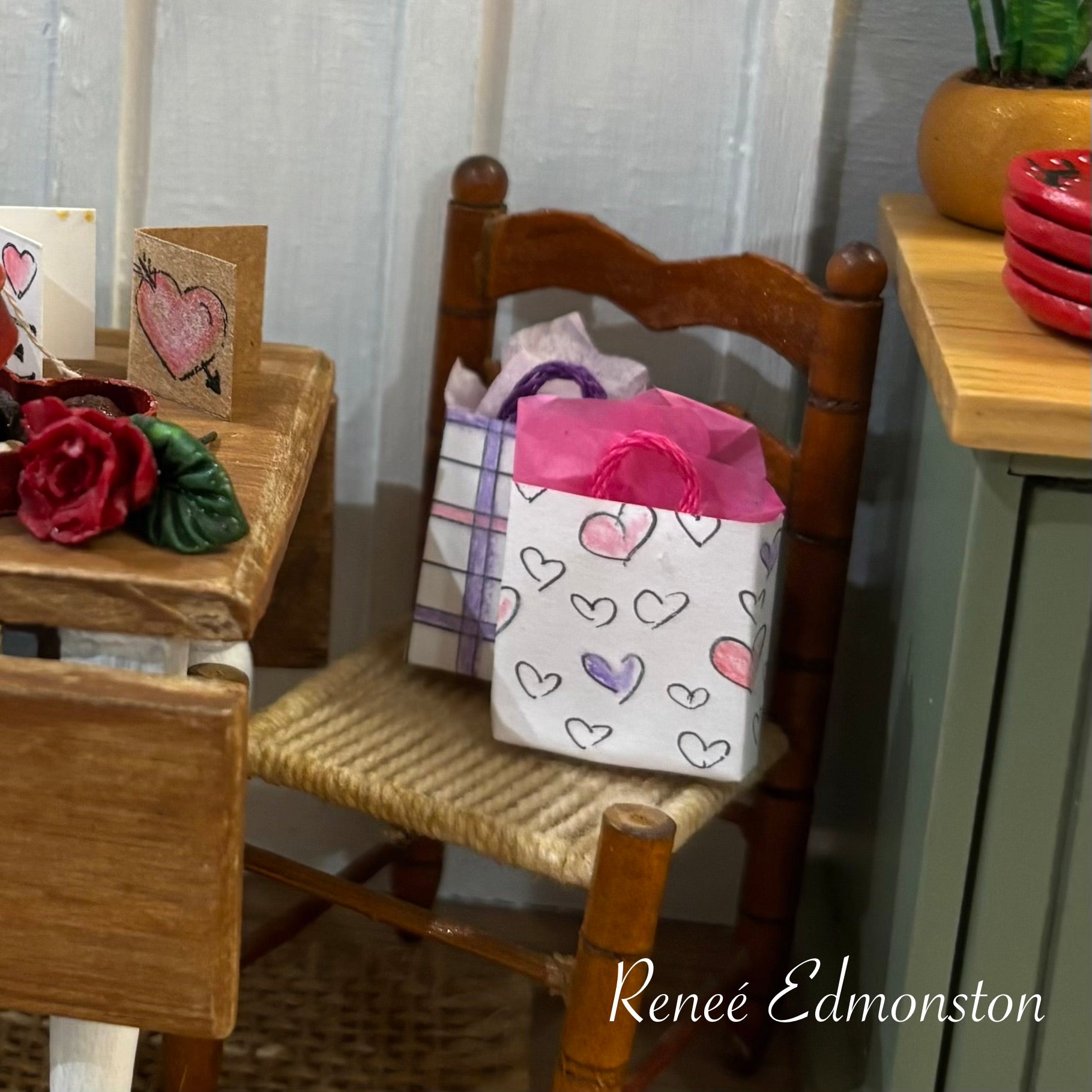 Miniature Valentine's Day Hand Drawn Gift Bags Set of 2 1:12 Scale Handmade