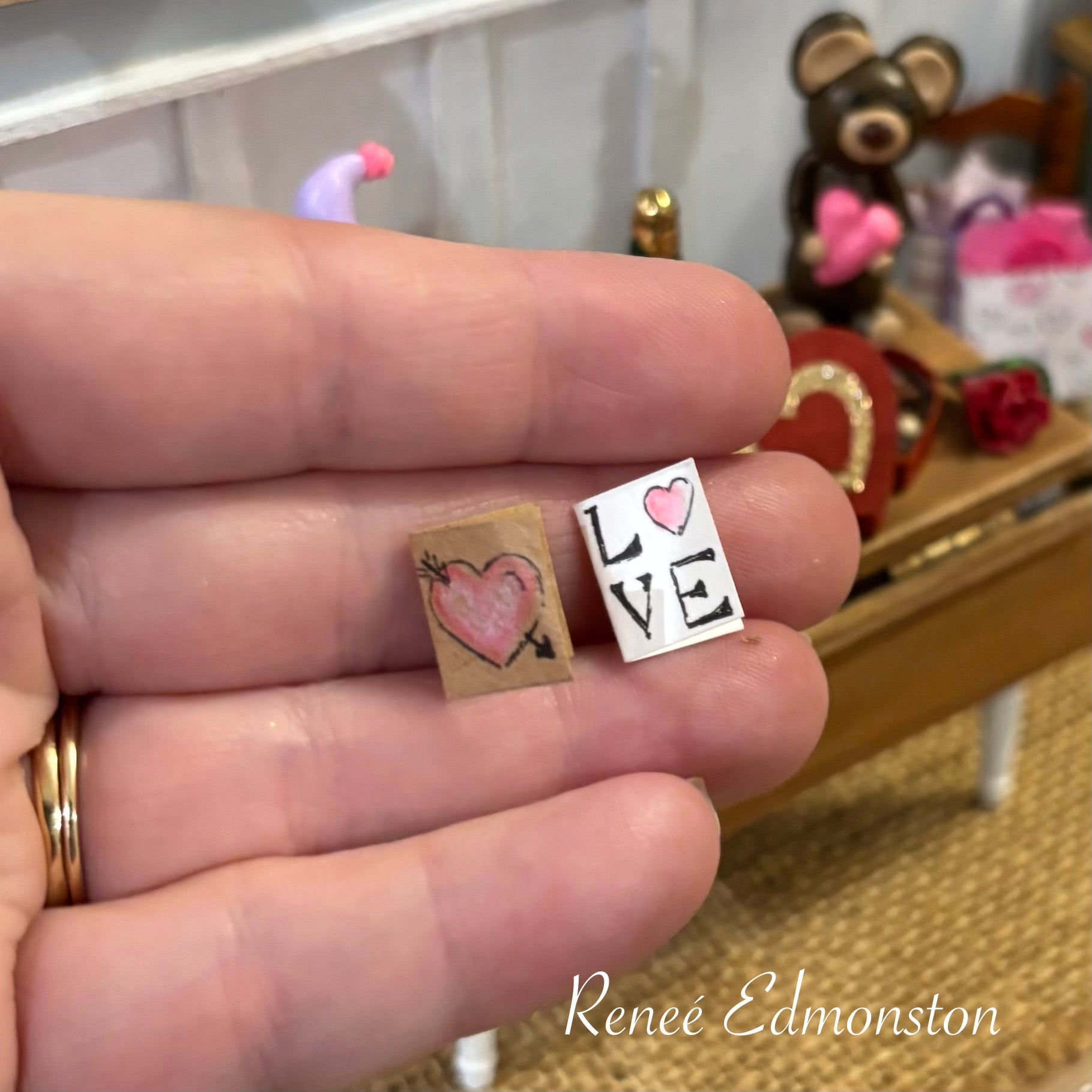 Miniature Valentine's Day Hand Drawn Greeting Cards Set of 2 1:12 Scale Handmade